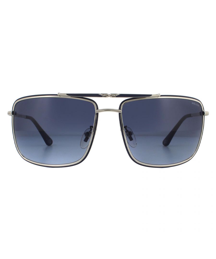 Police Sunglasses SPL965 Origins 11 0F94 Shiny Palladium Blue Gradient  are a rectangular aviator style crafted from thin metal. The top bar and slim temples feature the gothic Police P logo. The metal frame is finished with plastic temple tips and nose pads for comfort.