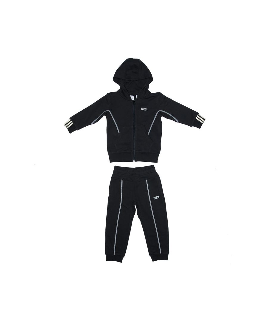 Infant adidas Originals R.Y.V. Zip Hoody Set in black.- Jacket:- Lined hood.- Full zip fastening.- Long sleeves.- Kangaroo pocket.- Visible stitching  timeless styling  and an imposing logo.- Main material: 70% Cotton  30% Polyester (Recycled). Rib Part: 95% Cotton  5% Elastane. Hood Lining: 100% Cotton.  Machine washable. - Pants: - Elastic waistband with drawstring adjustment on the pants.- Side pockets.- Standard fit.- Main material: 70% Cotton  30% Polyester (Recycled). Rib Part: 95% Cotton  5% Elastane. Machine washable. - Ref: GE0674I