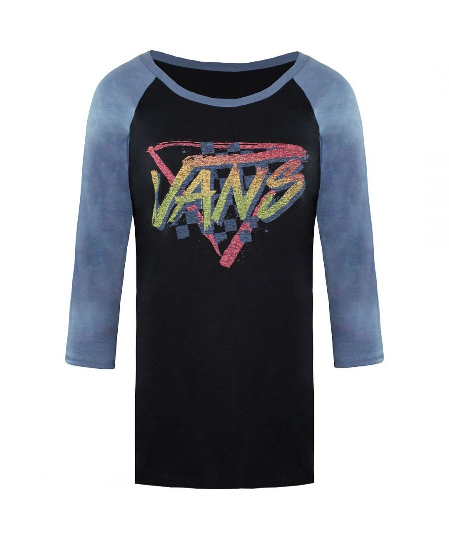 Vans Off The Wall Graphic Logo Round Neck 3/4 Sleeve Black/Blue Womens Top V1CPZC2
