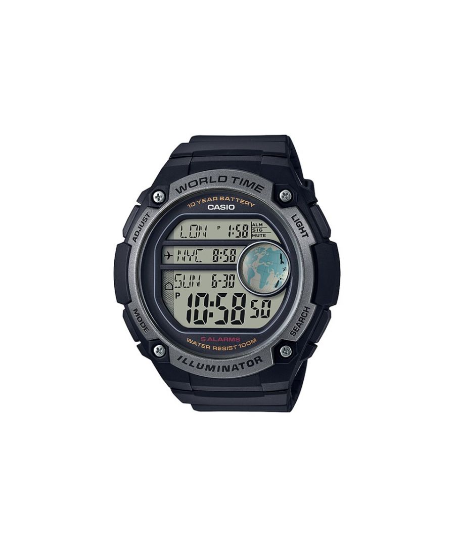This multi function watch from Casio's Illuminator range features a 50 x 16mm case with clear display, five alarms, world time and water resistant to 100m. Finished with a 29mm tapering black resin strap with black buckle.\nBand Material: Resin Strap; Band Length: Mens Standard; Case Material: N/A; Movement Type: Quartz; Case Colour: Black; Case Shape: Round; Dial Colour: N/A; Display Type: Digital; Water Resistance: 100m; WarrantyDescription: 1 Year