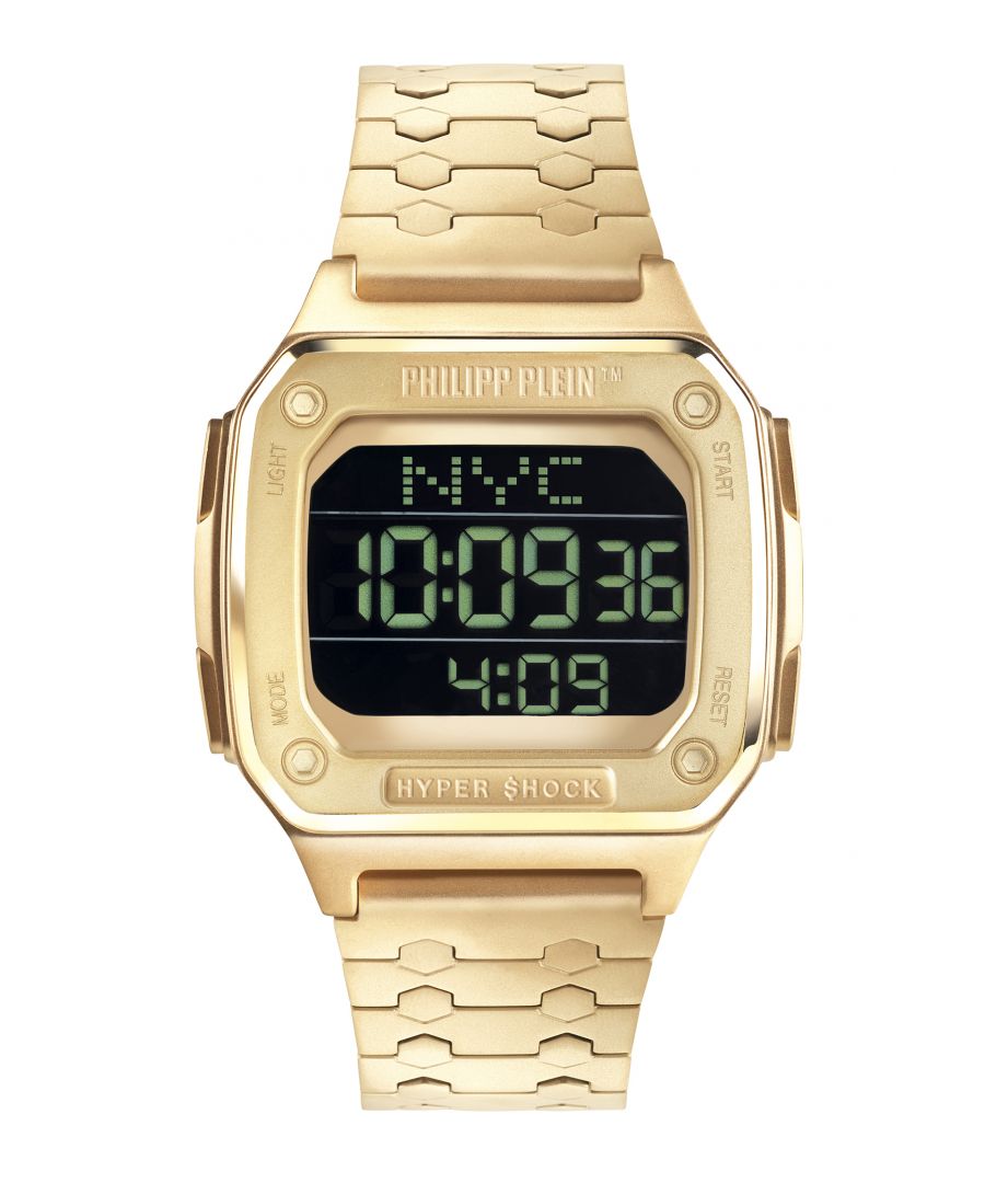 This Philipp Plein Hyper $hock Digital Watch for Unisex is the perfect timepiece to wear or to gift. It's Gold  Rectangular case combined with the comfortable Gold Stainless steel watch band will ensure you enjoy this stunning timepiece without any compromise. Operated by a high quality Quartz movement and water resistant to 5 bars, your watch will keep ticking. This casual and modern watch is perfect for all kind of casual activities, indoor activities or daily use, it's also a great gift for family and friend.  -The watch has a calendar function: Day-Date, Stop Watch, Timer, Alarm, Light High quality 20 cm length and 22 mm width Gold Stainless steel strap with a Fold over with push button clasp Case Measurement: 40x44 mm,case thickness: 12 mm, case colour: Gold and dial colour: Black