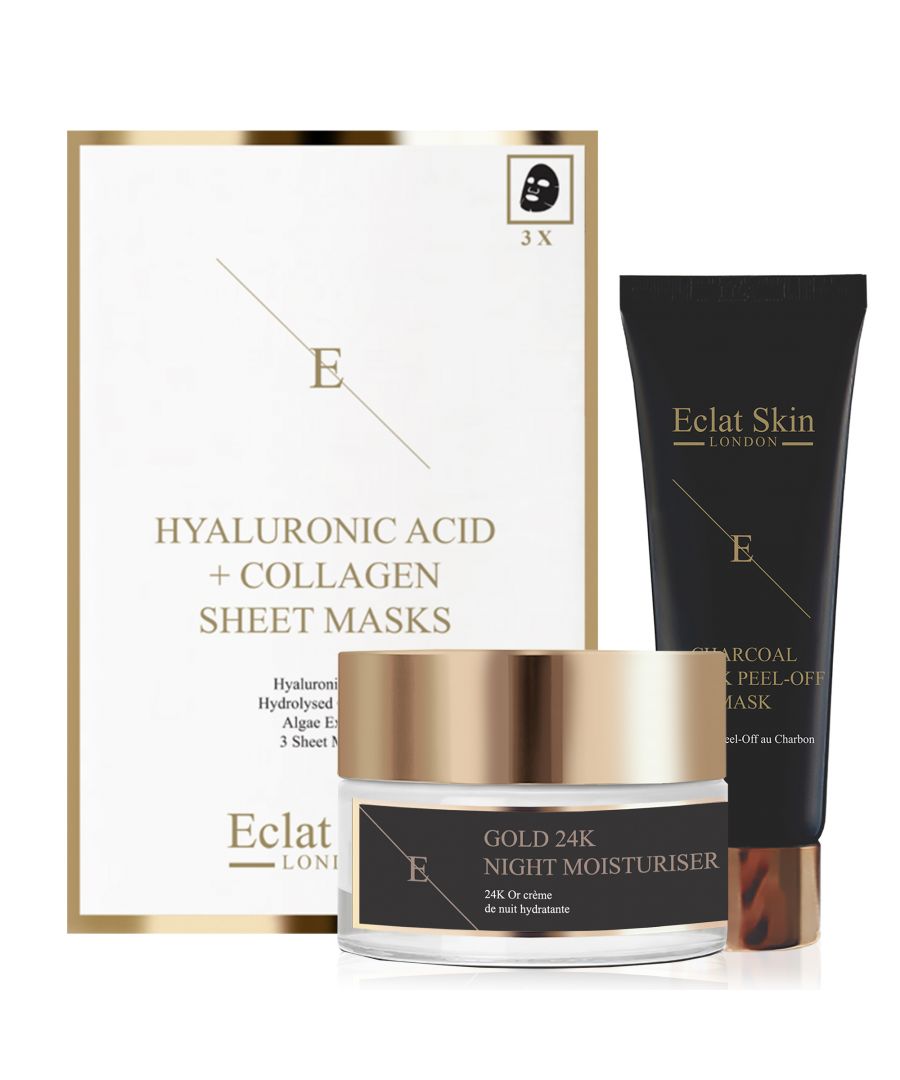 Eclat Skin Londonâ€™s Anti-Wrinkle Cream aims to boost skin renewal and smoothen the look of fine lines and wrinkles. The cream has a luxurious nourishing creamy and lightweight texture that absorbs easily. Activated with 24K Gold and Vitamin A.\n\nKey Ingredients:\n\n24 K - CARAT GOLD\nGold has been used in skincare from Egyptian times, it is said that Cleopatra used to sleep with a gold mask. Gold is a true anti-ageing ingredient as it is anti-oxidant that protects, balances and calms the skin as well as aims to brighten and firm.\n\nVITAMIN-A / RETINYL PALMITATE\nRetinyl palmitate is the the ester of retinol (vitamin A) combined with palmitic acid, a saturated fatty acid. Retinyl palmitate is considered a less irritating form of retinol, and a gentler ingredient on sensitive skin. It has similar effect to Retinol that is known to be one of the best anti-ageing skincare ingredients in the world. It has an effect of repeatedly shedding the upper dermal layer forces the skin to produce new cells, this aims to boost skin renewal and smoothens the look of wrinkles.\n\nMACADAMIA OIL & ABYSSINIAN OIL\nMacadamia and Abyssinian oils are both lightweight quickly absorbing oils with great fatty acids ratio that moisturises the skin and boosts skin softness.\n\nUSAGE: Apply pea-sized amount of the cream on cleansed face, neckline and neck in the morning. Continue with Eclat Skin Londonâ€™s Gold 24K Anti-Wrinkle Eye Cream. For best results use with Eclat Skin Londonâ€™s Anti-Wrinkle Elixir Serum 24K Gold.\nEclat Skin Londonâ€™s Purifying Black Peel-Off Mask aims to purify, cleanse and retextures the top layer of the skin. Containing natural bamboo charcoal and white peony root extract this peel of mask is a great treatment for dull, tired looking skin with imperfections. The formula is sticky black gel that is easy to apply even layer to the skin.\n\nKey Ingredients:\n\nBAMBOO CHARCOAL\nBamboo Charcoal has a long history of use first documented in China in 1486 AD, during the Ming Dynasty. The Activated Bamboo Charcoal is so fine that it can act like a magnet to capture and trap toxins and excess oil by adhering them to itself.Â \n\nWHITE PEONY ROOT EXTRACT\nWhite Peony root extract aims to sooth and moisturise the skin. It is anti-bacterial and works to promote skin healing.\n\nGLYCERIN\nGlycerin mimics whatâ€™s known as skinâ€™s natural moisturising factor (NMF), which is why itâ€™s compatible with all skin types, of all ages. It also helps the skin to shield from environmental sources of irritation and aims to Improve skinâ€™s resiliency and youthful look.\n\nDirections for use: Apply thick opaque even layer to clean, dry skin. Avoid eye area, eyebrows, hairline and lips. Leave on for 15 - 30 minutes or until completely dry. Peel off from the edges gently. Use once or twice a week.SHEET MASK WITH HYALURONIC ACID AND COLLAGEN\n\n\nThree luxury 30-minute hydration treatment sheet masks with pioneering formula that contains Hyaluronic Acid, Collagen, Algae Extract and three natural extracts high in antioxidants. Designed to hydrate, nourish and plump dehydrated and dull looking skin. Use before makeup, special event or as a weekly relaxation and hydration treatment.\n\nHYALURONIC ACID\nHyaluronic Acid is naturally found in our skin, as we age our body's natural production of hyaluronic acid slows down. Hyaluronic acid is a key element making the skin looking plump and youthful as it hold moisture 1000 times its own weight. Our hyaluronic acid is called Sodium Hyaluronate and it is smaller size of hyaluronic acid that is able to penetrate and hydrate more deeper levels of the skin than normal hyaluronic acid.\n\nHYDROLYSED COLLAGEN\nCollagen is naturally found in our skin and as we age the production of collagen slows down. As an skincare ingredient collagen aims to boost plumpness and the look of the skin by bringing moisture and hydration to the skin.\n\nNATTO GUM\nNatto gum is a fermentation product of soya protein and powerful antioxidant that aims to protect the skin from free radical damage.\n\nMULBERRY EXTRACT\nMulberry extract is an antioxidant with skin brightening properties.\n\nGINKGO BILOBA LEAF EXTRACT\nGinkgo Biloba leaf extract is an antioxidant that aims to protect the skin from free radical damage.\n\n\nDirections for use: Take the mask out of the package, carefully place it over clean and dry face, and smooth it out with your fingers. Take the mask off after approximately 30 minutes. Delicately massage the remaining serum in, and allow it to be fully absorbed or wipe away with cloth.