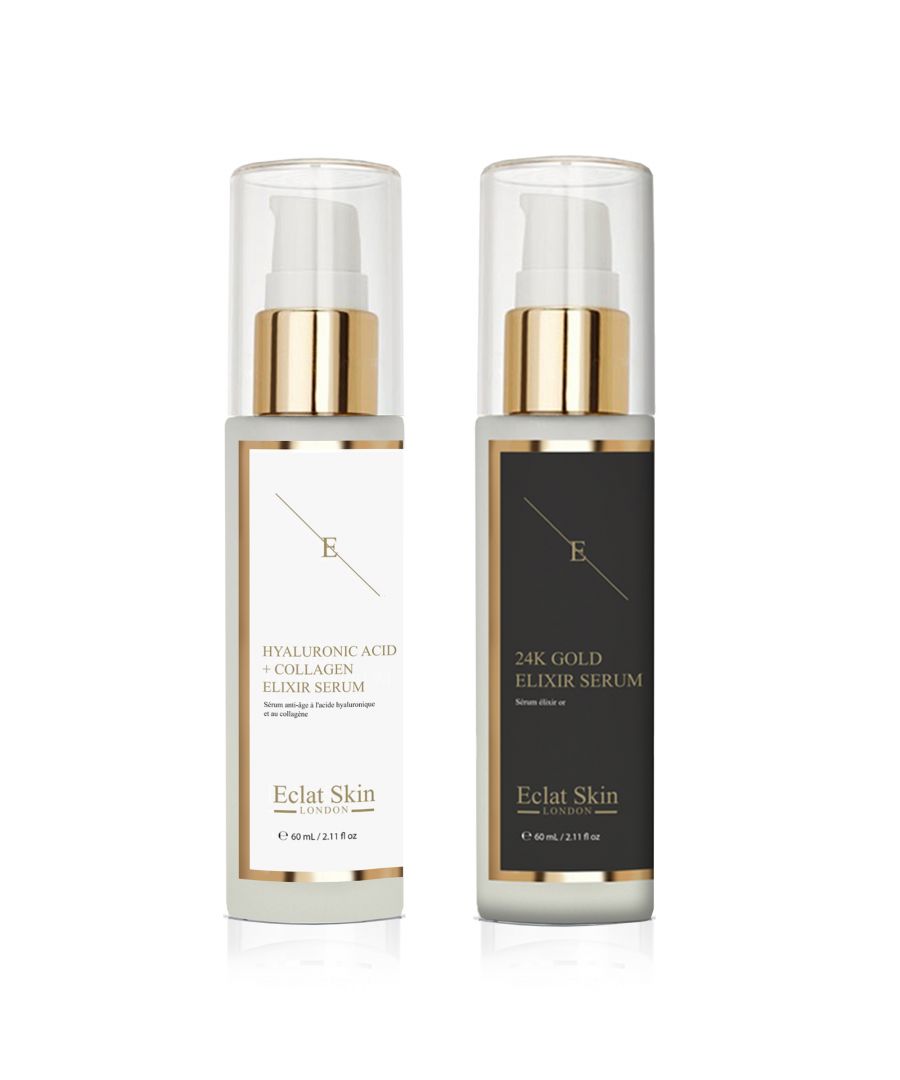 Eclat Skin Londonâ€™s Anti-Wrinkle Elixir Serum aims to boost skin renewal and smoothen the look of fine lines and wrinkles. The elixir serum has smooth gel like texture that glides on the skin like a dream - hydrating, moisturising and nourishing the skin. Activated with 24K Gold and Vitamin A.\n\nKey Ingredients:\n\n24 K - CARAT GOLD\nGold has been used in skincare from Egyptian times, it is said that Cleopatra used to sleep with a gold mask. Gold is a true anti-ageing ingredient as it is anti-oxidant that protects, balances and calms the skin as well as aims to brighten and firm.\n\nCOENZYME Q10\nCoenzyme Q10 (CoQ10) is a vitamin-like substance produced by the human body and is necessary for the basic functioning of cells. CoQ10 has the beneficial effect of preventing photoaging and wrinkles, most notably crows feet around the eyes.\n\nVITAMIN-A / RETINYL PALMITE\nRetinyl palmitate is the ester of retinol (vitamin A) combined with palmitic acid, a saturated fatty acid. Retinyl palmitate is considered a less irritating form of retinol, and a gentler ingredient on sensitive skin. It has similar effect to Retinol that is known to be one of the best anti-ageing skincare ingredients in the world. It has an effect of repeatedly shedding the upper dermal layer forces the skin to produce new cells, this aims to boost skin renewal and smoothens the look of wrinkles.\n\nDirections for use: Take one or two pumps of the elixir serum to tip of your fingers and dap a dot to your both cheeks, forehead and chin. Massage evenly. Spread any leftover to your neck and dÃ©colletage. For best results continue with Eclat Skin London Gold 24K Anti-Wrinkle Cream.\nANTI-AGEING SERUM WITH HYALURONIC ACID AND COLLAGEN 60ml\n\nThis anti-ageing serum contains pioneering formula of hydration boosting Hyaluronic acid and Hydrolysed Collagen. The serum aims to smoothen the look of dehydration lines for youthful plump and nourished looking complexion.\n\nHYALURONIC ACID\nHyaluronic Acid is naturally found in our skin, as we age our body's natural production of hyaluronic acid slows down. Hyaluronic acid is a key element making the skin looking plump and youthful as it hold moisture 1000 times its own weight. Our hyaluronic acid is called Sodium Hyaluronate and it is smaller size of hyaluronic acid that is able to penetrate and hydrate more deeper levels of the skin than normal hyaluronic acid.\n\nCOLLAGEN AMINO ACIDS\nCollagen is naturally found in our skin and as we age the production of collagen slows down. As an skincare ingredient collagen aims to boost plumpness and the look of the skin by bringing moisture and hydration to the skin.\n\nPROVITAMIN B5\nProvitamin B5 aims to retain and preserve moisture. Provitamin B5 protects the skinâ€™s barrier and helps the skin to retain its moisture levels and shield it from irritation. By applying a product with Provitamin B5, you will maximise your skinâ€™s hydration while improving its softness and elasticity.\n\nVITAMIN E\nVitamin E is one of the most well known antioxidants and it aims to protect the skin from free radical damage.Â \n\nDirections for use: Apply one pump of the serum on cleansed face, neckline and neck in the evening. Wait until it is absorbed fully and apply night cream.