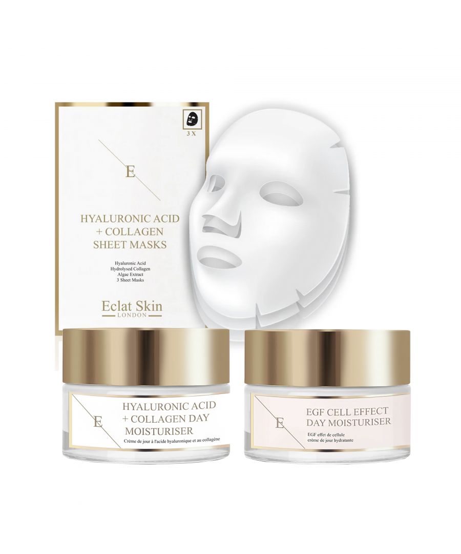 EGF CELL EFFECT DAY MOISTURISER\n\nEGF Cell Effect Day Moisturiser aims to deliver plumper, fully hydrated skin that appears more fresh and youthful. This day moisturiser contains a unique ingredient called SH-Oligopeptide-1 that has an identical chemical structure to an epidermal growth factor. Epidermal growth factor works to increase the rate of renewal of the skin smoothing the look of wrinkles and fine lines. This day cream contains.\n\nKey Ingredients:\n\nSH-OLIGOPEPTIDE-1\nSH-Oligopeptide-1 that has an identical chemical structure to an epidermal growth factor. Epidermal growth factor works to increase the rate of renewal of the skin smoothing the look of wrinkles and fine lines.\n\nSODIUM HYALURONATE\nHyaluronic Acid is naturally found in our skin, as we age our body's natural production of hyaluronic acid slows down. Hyaluronic acid is a key element making the skin looking plump and youthful as it holds moisture 1000 times its own weight. Our hyaluronic acid is called Sodium Hyaluronate and it is a smaller size of hyaluronic acid that is able to penetrate and hydrate more deeper levels of the skin than normal hyaluronic acid.\n\nOCTOCRYLENE, ETHYLHEXYL METHOXYCINNAMATE\nAre well-known ingredients used in sunscreens and they aim to help to protect the skin from UVB and short-wave UVA rays.\n\nSHEA BUTTER\nShea butter is known for its moisturising and skin softening benefits. It is also high in vitamin E, A and F that protect the skin from free radical stress.\n\nUSAGE: Apply a large pea-sized amount of the cream on cleansed face, neckline, and neck in the morning.\n\nIngredients: Aqua (Water), Glycerin, Urea, Isoamyl Cocoate, Dimethicone, Octocrylene, Ethylhexyl Methoxycinnamate, Glyceryl Stearate, Squalane, Glyceryl Stearate Citrate, Cyclopentasiloxane, Butyrospermum Parkii (Shea) Butter, Cera Alba, Camellia Japonica Seed Oil, Ethylhexyl Salicylate, Cetearyl Alcohol, Butylene Glycol, Dimethicone/Vinyl Dimethicone Crosspolymer, SH-Oligopeptide-1, Hydrogenated Lecithin, Sodium Oleate, Glycine Soja (Soyabean) Oil, Sodium Hyaluronate, Hydroxypropyl Bispalmitamide MEA, Phenoxyethanol, Cyclohexasiloxane, Butyl Methoxydibenzoylmethane, Triethanolamine, Parfum (Fragrance), Acrylates/C10-30 Alkyl Acrylate Crosspolymer, Ethylhexylglycerin, Disodium EDTA, BHA, Benzyl Salicylate, Butylphenyl Methylpropional, Geraniol, Hexyl Cinnamal, Linalool.\nHYALURONIC ACID AND COLLAGEN DAY CREAM 50ml\n\nThis anti-ageing day cream contains hydration boosting Hyaluronic Acid and Collagen Amino acids. The cream aims to smoothen the look of dehydration lines for youthful plump and nourished looking complexion.\n\nKey Ingredients:\n\nHYALURONIC ACID\nHyaluronic Acid is naturally found in our skin, as we age our body's natural production of hyaluronic acid slows down. Hyaluronic acid is a key element making the skin looking plump and youthful as it hold moisture 1000 times its own weight. Our hyaluronic acid is called Sodium Hyaluronate and it is smaller size of hyaluronic acid that is able to penetrate and hydrate more deeper levels of the skin than normal hyaluronic acid.\n\nCOLLAGEN AMINO ACIDS\nCollagen is naturally found in our skin and as we age the production of collagen slows down. As an skincare ingredient collagen aims to boost plumpness and the look of the skin by bringing moisture and hydration to the skin.\n\nSWEET ALMOND OIL\nSweet almond oil is high in natural fatty acids and it nourishes and keeps skin moisturised.\n\nGREEN TEA LEAF EXTRACT\nGreen tea leaf extract is powerful antioxidant that protects the skin from free radical damage and so aims to contribute to prevention of the signs of premature ageing.\n\nPROVITAMIN B5\nProvitamin B5 aims to retain and preserve moisture. Provitamin B5 protects the skinâ€™s barrier and helps the skin to retain its moisture levels and shield it from irritation. By applying a product with Provitamin B5, you will maximise your skinâ€™s hydration while improving its softness and elasticity.\n\nDirections for use: Apply pea-sized amount of the cream on cleansed face, neckline and neck in the morning.ANTI-AGEING SERUM WITH HYALURONIC ACID AND COLLAGEN 60ml\n\nThis anti-ageing serum contains pioneering formula of hydration boosting Hyaluronic acid and Hydrolysed Collagen. The serum aims to smoothen the look of dehydration lines for youthful plump and nourished looking complexion.\n\nHYALURONIC ACID\nHyaluronic Acid is naturally found in our skin, as we age our body's natural production of hyaluronic acid slows down. Hyaluronic acid is a key element making the skin looking plump and youthful as it hold moisture 1000 times its own weight. Our hyaluronic acid is called Sodium Hyaluronate and it is smaller size of hyaluronic acid that is able to penetrate and hydrate more deeper levels of the skin than normal hyaluronic acid.\n\nCOLLAGEN AMINO ACIDS\nCollagen is naturally found in our skin and as we age the production of collagen slows down. As an skincare ingredient collagen aims to boost plumpness and the look of the skin by bringing moisture and hydration to the skin.\n\nPROVITAMIN B5\nProvitamin B5 aims to retain and preserve moisture. Provitamin B5 protects the skinâ€™s barrier and helps the skin to retain its moisture levels and shield it from irritation. By applying a product with Provitamin B5, you will maximise your skinâ€™s hydration while improving its softness and elasticity.\n\nVITAMIN E\nVitamin E is one of the most well known antioxidants and it aims to protect the skin from free radical damage.Â \n\nDirections for use: Apply one pump of the serum on cleansed face, neckline and neck in the evening. Wait until it is absorbed fully and apply night cream.