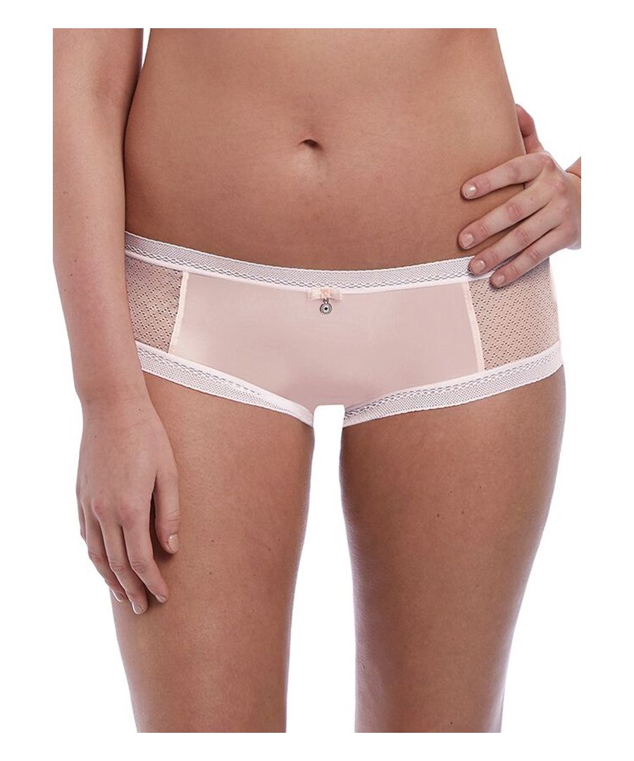 Freya Arya Short brief, These charming super soft short briefs feature charming mesh panels and lace trim detailing for a feminine touch. Offering full coverage and complete with a cute organza bow and silver jewel in the centre.