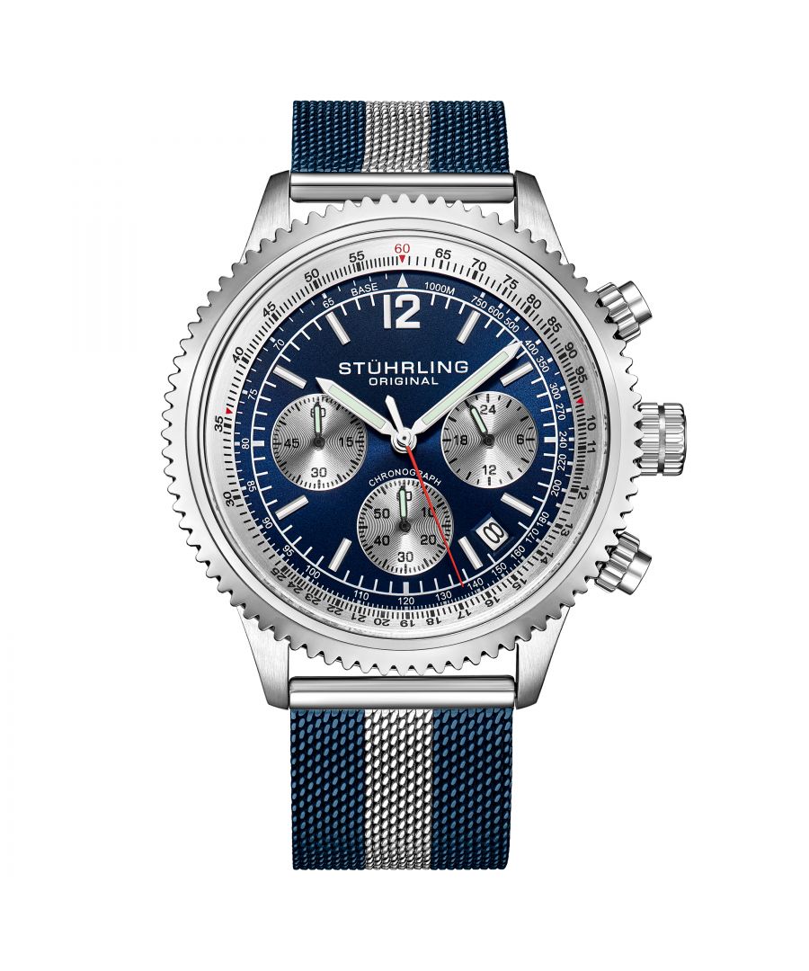 Men's Chrono alloy Case, Silver Bezel, Blue Dial, Silver Hands and Markers, TT Silver and Blue Colored Mesh Bracelet Watch