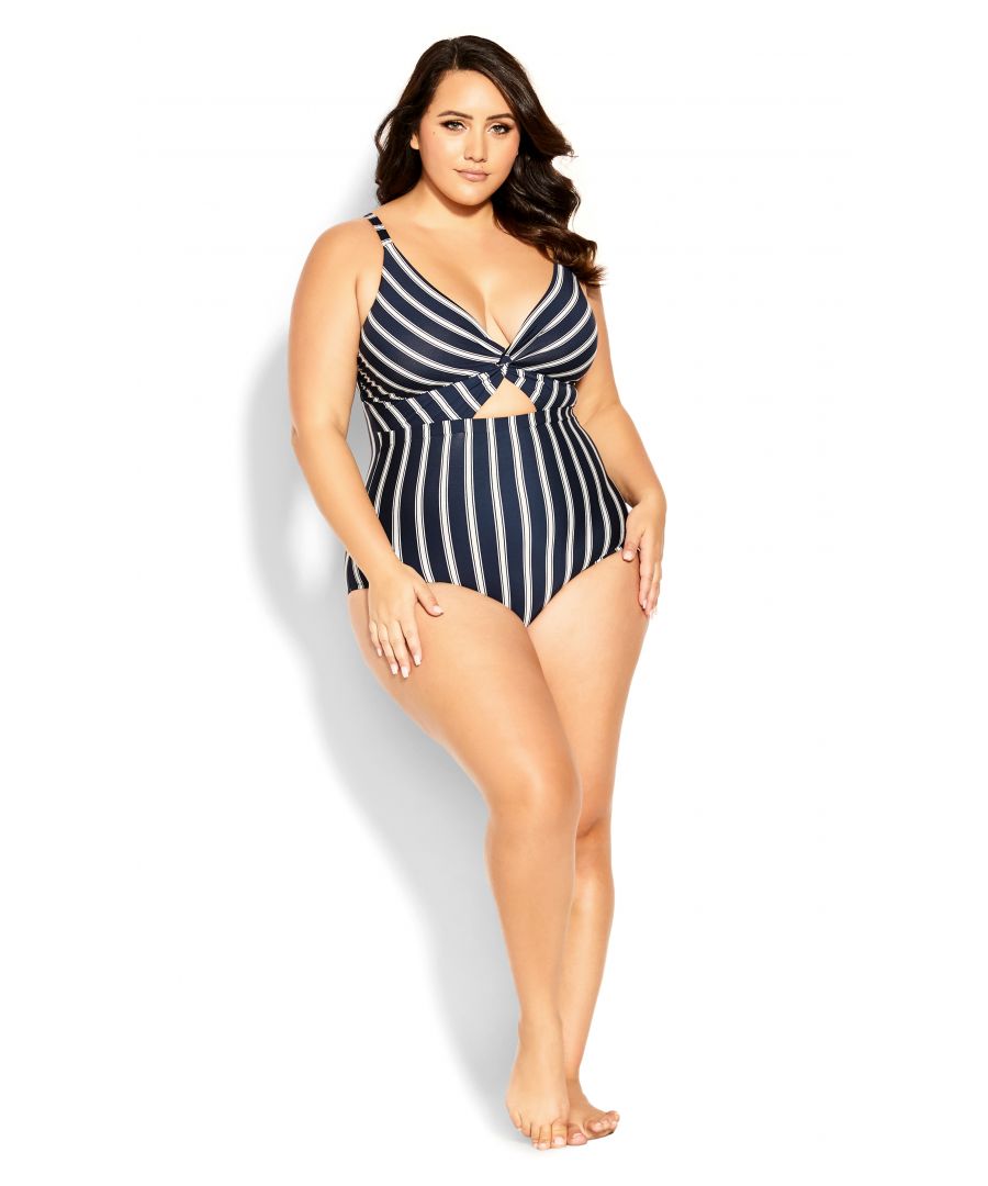 Run the Riviera in the Mediterranean magic of the Majorca Print 1 Piece. Showing off your curves with a hint of sophistication, this striped style boasts a keyhole cut-out and twist front feature to really make heads turn. Key Features Include: - Plunge V-neckline - Contour molded cups - Twist front centre front detail - Under bust keyhole cut-out - Adjustable shoulder straps - Back metal clip closure - Stretch fabrication - Full brief coverage