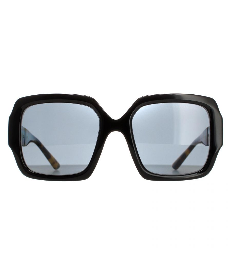 Prada Square Womens Black Grey Polarized PR21XS Sunglasses Prada are a butterfly shaped design with oversized lenses for women. Crafted from thick acetate these sunglasses are designed for the more daring fashion lover. The thick temples feature an engraved Prada logo for authenticity