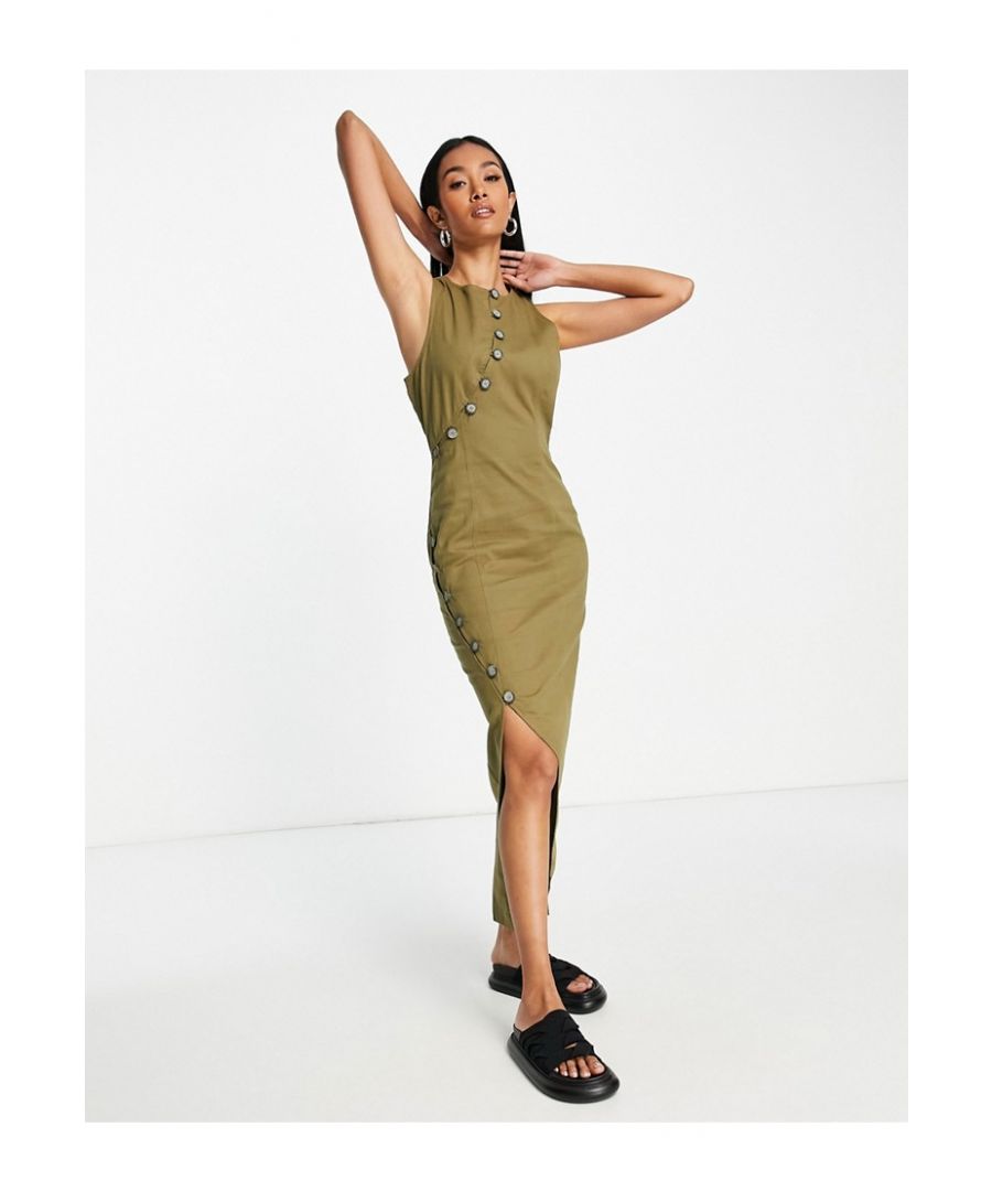 Maxi dress by ASOS DESIGN The scroll is over Crew neck Asymmetric button details Split hem Zip-back fastening Slim fit Sold by Asos
