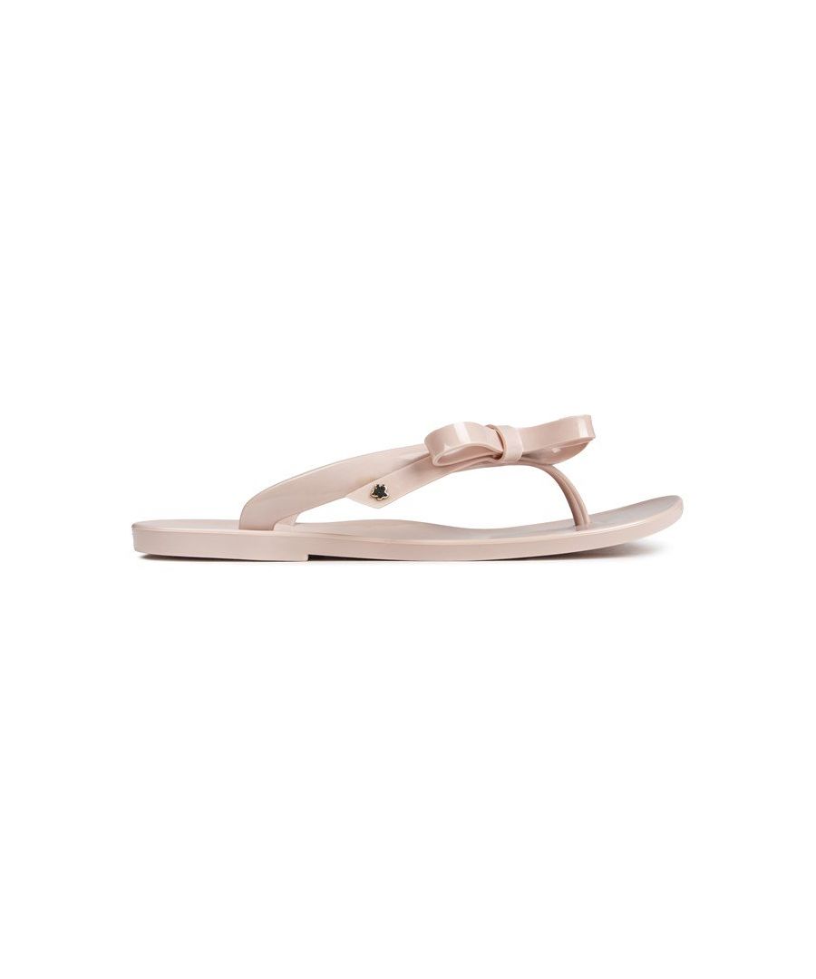 Womens pink Ted Baker jassey sandals, manufactured with pu and vegan and a pvc sole. Featuring: metal stud details, bow details, round last and gold printed branding.