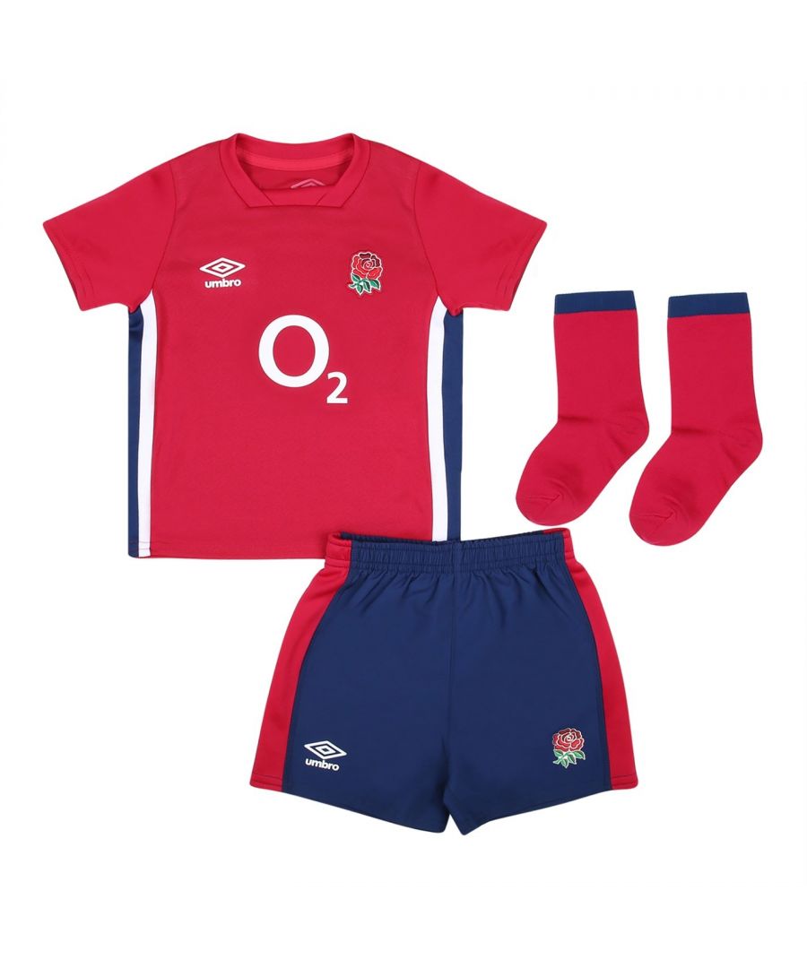 Umbro England Rugby Alternate Baby Kit 2021 2022 - Ensure your new member of the family grows up supporting the England Rugby team with this baby kit which comes with a replica shirt, shorts and socks for the full on-pitch look. The kit has been crafted with soft fabric which will help keep them comfortable all-day long, while the team crest and Umbro branding completes the design.