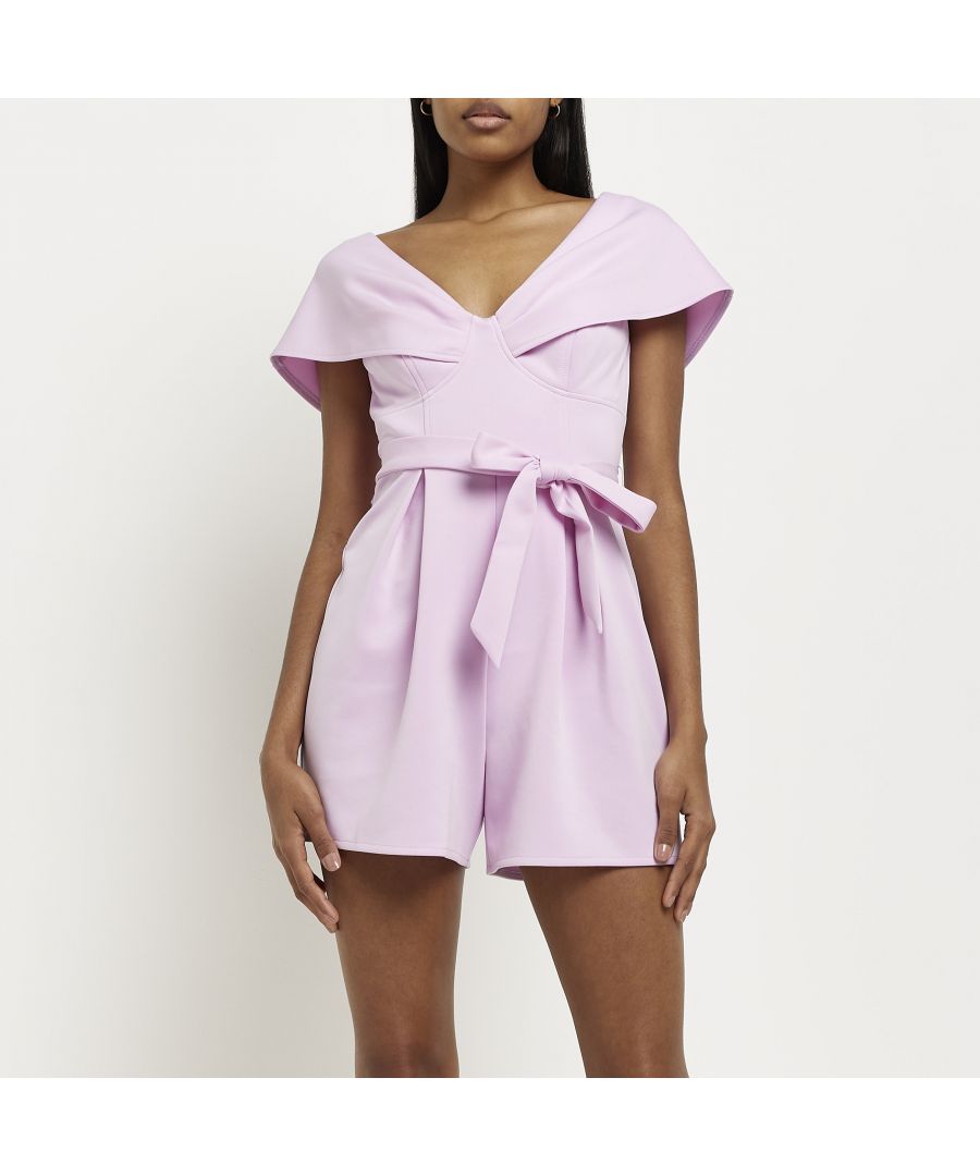 > Brand: River Island> Department: Women> Colour: Purple> Type: One-Piece> Style: Playsuit> Size Type: Regular> Fit: Regular> Material Composition: 94% Polyester 6% Elastane> Occasion: Casual> Pattern: No Pattern> Material: Polyester> Neckline: V-Neck> Sleeve Length: Short Sleeve> Season: SS22