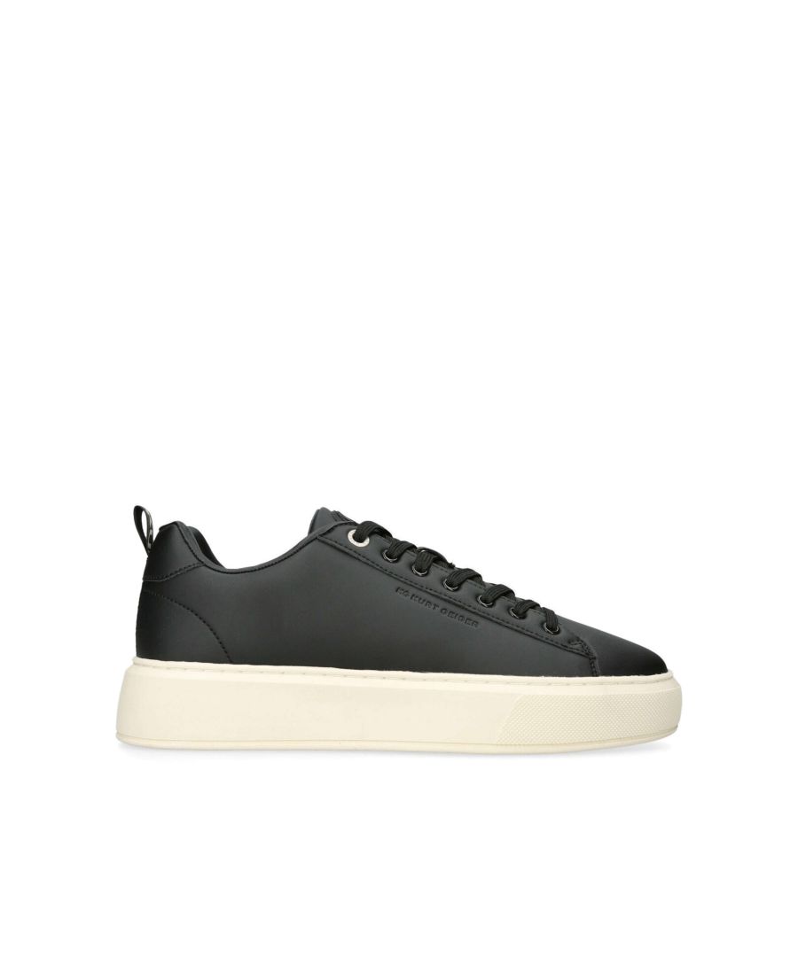 The Kinsley B Ball sneaker features a black upper with grey rubber branded monocle on the tongue. The back of the ankle features a KG Kurt Geiger logo printed on ribbed textile with print stitch detailing tab.