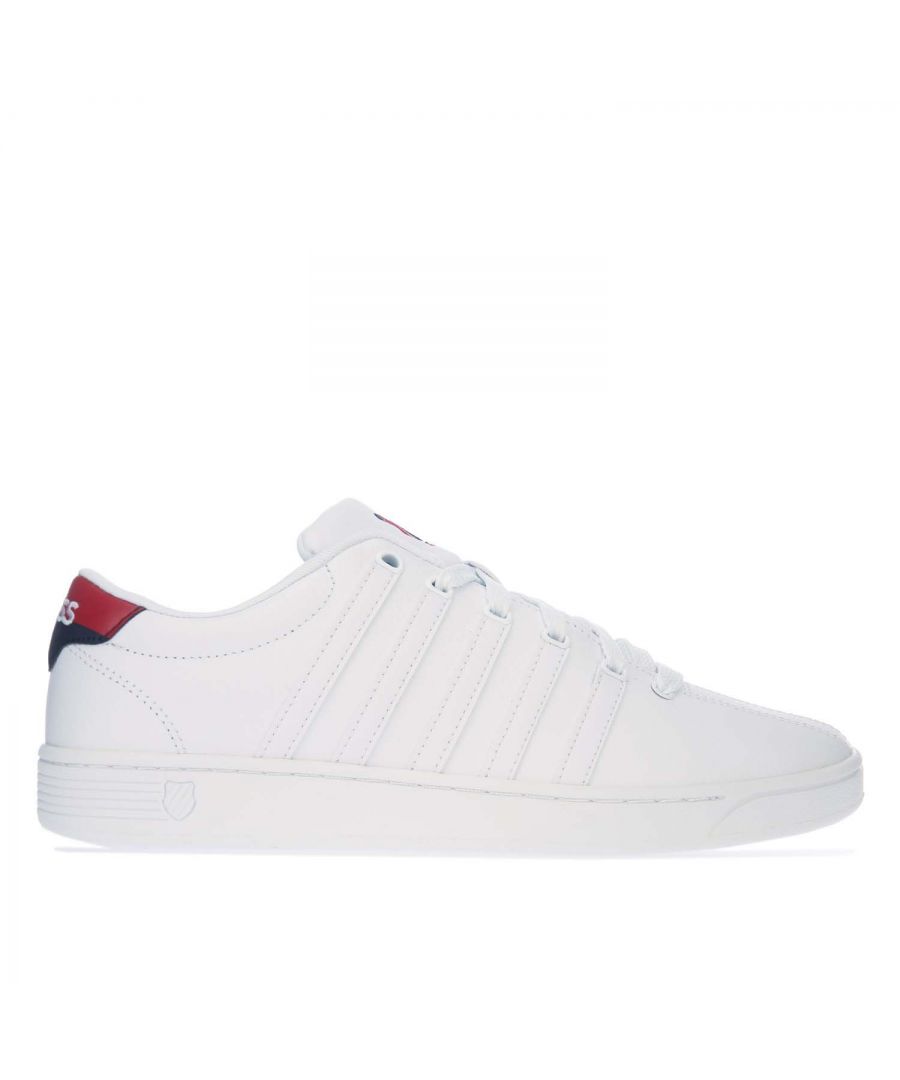 Mens K- Swiss Court Pro II CMF Trainers in white.-Leather upper.- Lace closure.- Padded tongue.- K Swiss branding to the tongue and heel.- K Swiss stripes down the side.- Memory foam cushion footbed.- Textile collar lining.- Die-cut EVA insert midsole.- Rubber outsole.- Leather upper  Textile lining  Synthetic sole.- Ref: 03629931