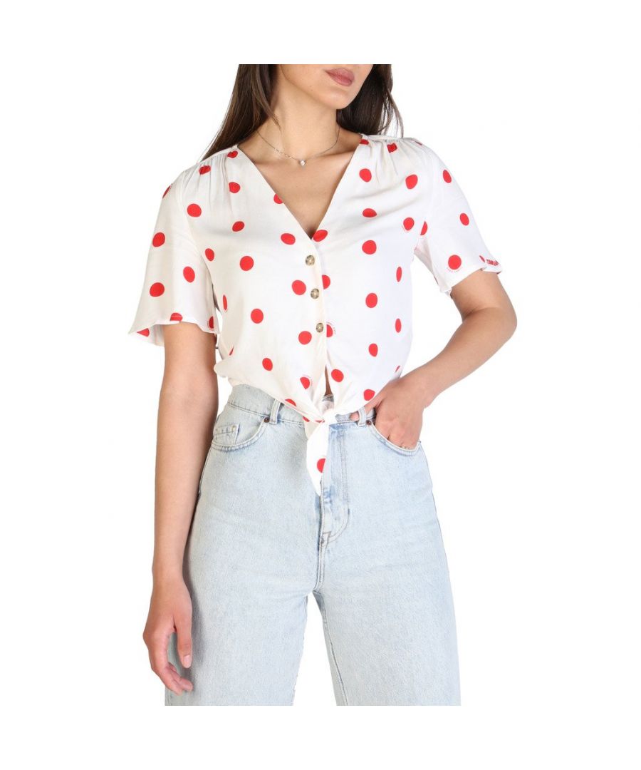 Gender: Woman   Type: Shirt   Fastening: buttons   Sleeves: short   Neckline: V neck   Material: viscose 100%   Pattern: polkadots   Washing: wash at 30° C   Model height, cm: 176   Model wears a size: S   Details: visible logo print:polkadot sleeves:short-sleeve fit:regular collar:mandarin Viscose 100% occasion:casual
