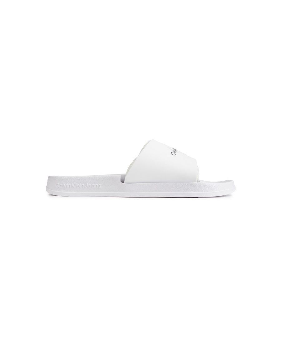 Mens white Calvin Klein Jeans logo sandals and a rubber sole. Featuring: large branding, grippy sole and comfy midsole.