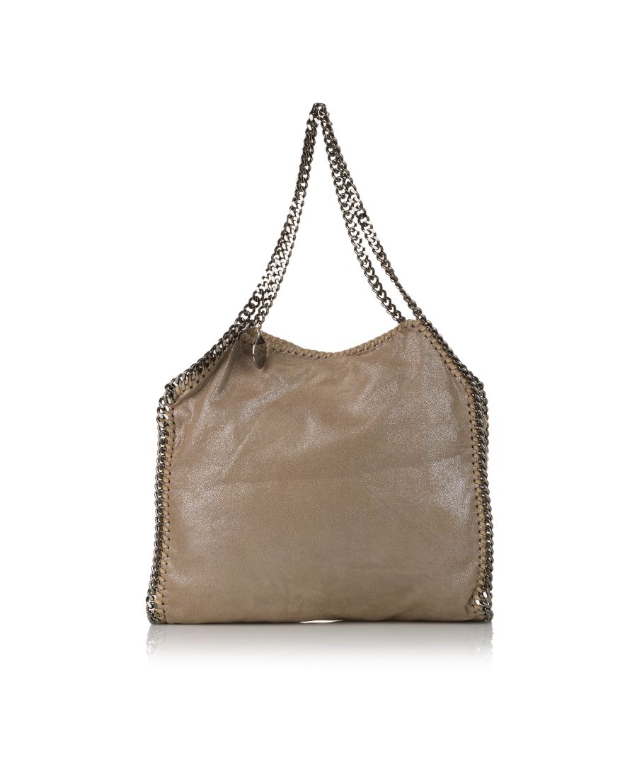 VINTAGE. RRP AS NEW. The Falabella tote bag features a fabric body, silver-tone chain straps, a top magnetic snap button closure, and an interior zip pocket.Exterior Handle Scratched. Interior Pocket Discolored. Interior Pocket stained with Pen Mark. Lock Scratched, tarnished. Metal Attachment Scratched. Exterior Handle Scratched. Interior Pocket Discolored. Interior Pocket stained with Pen Mark. Lock Scratched, tarnished. Metal Attachment Scratched. \n\nDimensions:\nLength 35cm\nWidth 35cm\nDepth 6cm\nShoulder Drop 25cm\n\nOriginal Accessories: Dust Bag, Dust Bag, Authenticity Card\n\nSerial Number: 261063 W9056 495150 S13\nColor: Brown x Light Brown\nMaterial: Fabric x Others x Metal x Brass\nCountry of Origin: Italy\nBoutique Reference: SSU173392K1342\n\n\nProduct Rating: GoodCondition\n\nCertificate of Authenticity is available upon request with no extra fee required. Please contact our customer service team.