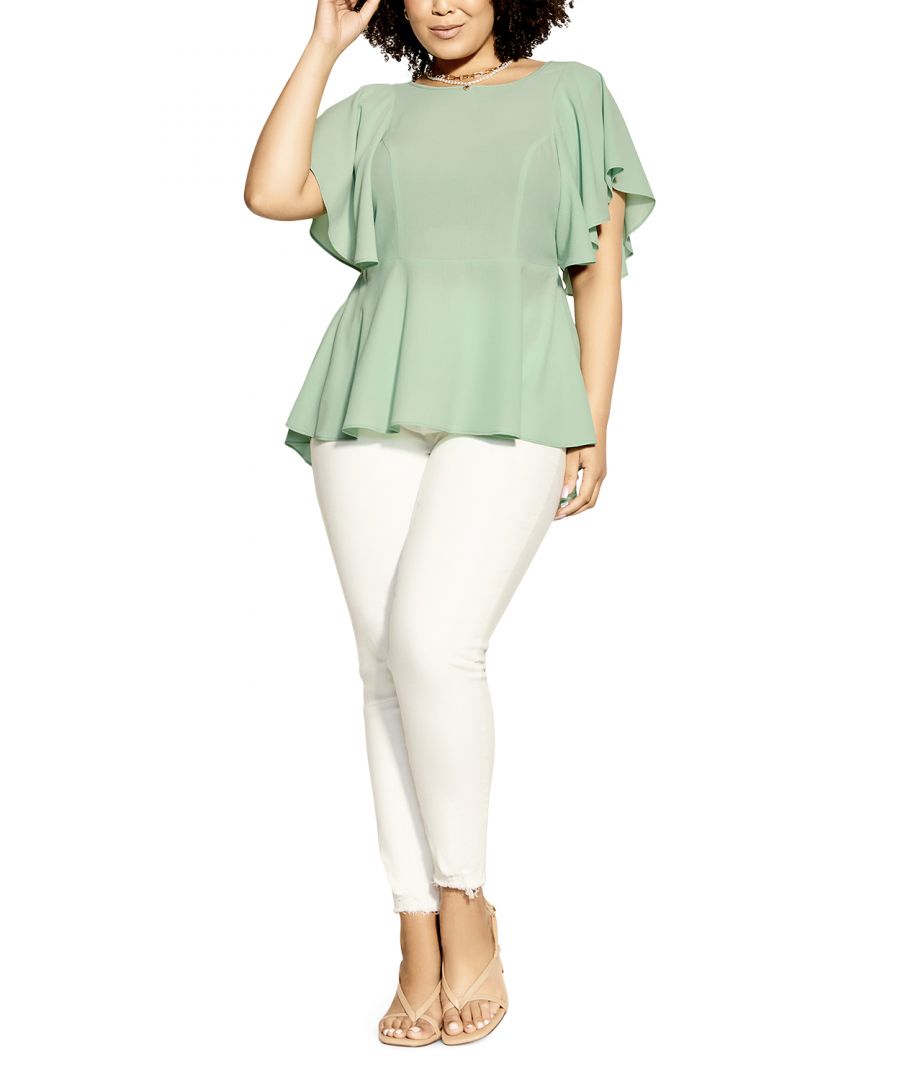 Looking for a top that's chic, stylish, and figure-flattering? The Romantic Mood Top is just what you need! With a flattering peplum silhouette, this top is perfect for curvy figures. It also features a round neckline, floaty open short sleeves, and a fitted waist. Plus, the mint green hue is simply gorgeous! Don't miss out on this must-have top. Key Features Include: - Round neckline - Floaty open short sleeve - Fitted waist - Peplum shape - Hi-lo hemline - Low V back - Lightweight woven fabrication - Unlined