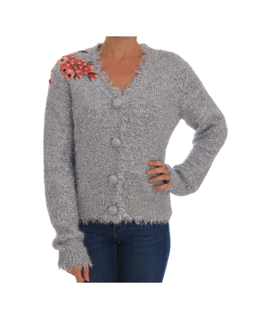 Image for Dolce & Gabbana Silver Cardigan Floral Applique Sweater