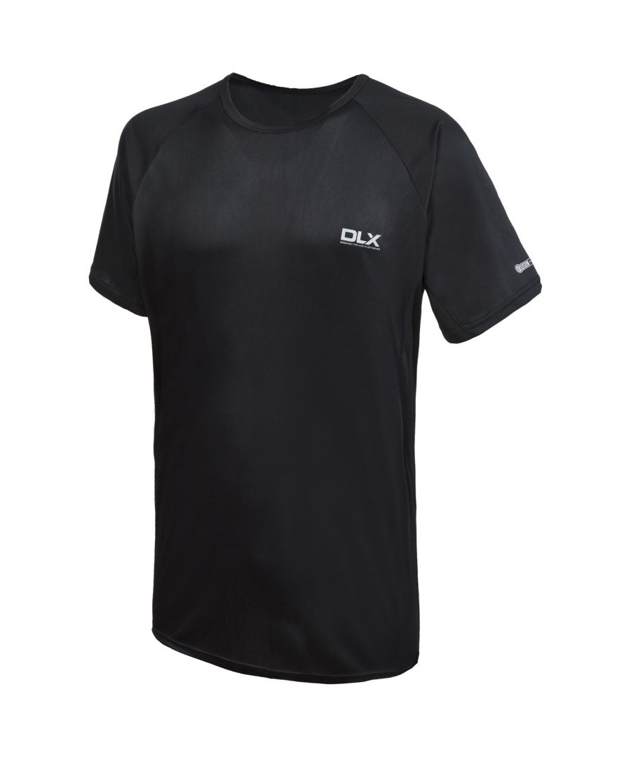 Mens active DLX t-shirt. Short sleeves. Coolmax technology. Round neck. Wicking properties. Contrasting underarm and back panels. Quick drying. Reflective print on back. Fabric: 100% Polyester. Mens Chest Sizing (approx): S - 35-37in/89-94cm, M - 38-40in/96.5-101.5cm, L - 41-43in/104-109cm, XL - 44-46in/111.5-117cm, XXL - 46-48in/117-122cm, 3XL - 48-50in/122-127cm.
