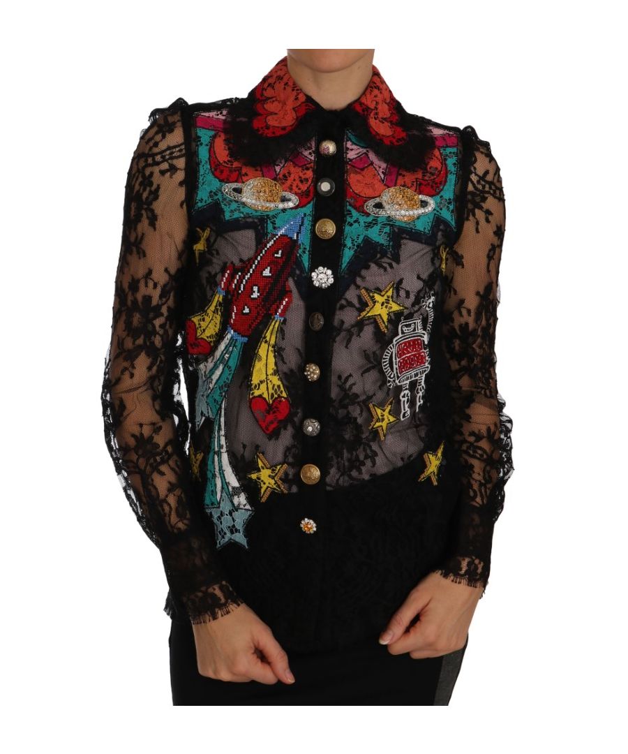 Dolce & Gabbana Womens Black Lace Crystal Space Shirt - Multicolour Cotton - Size X-Small