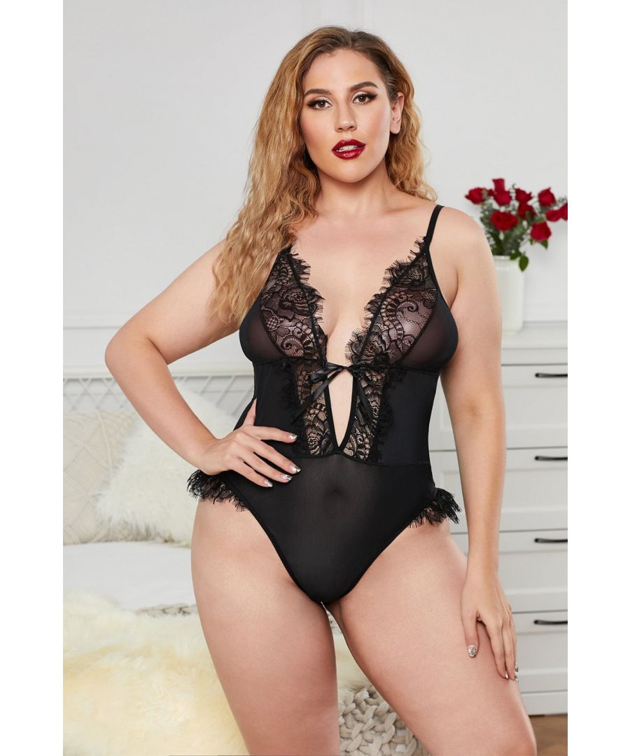Such a huge allure for your partner, it's very sexy bold in a completely sheer silhouette. Deep v neckline, floral lace and mesh construct into one-piece lingerie. Delicate eyelash detail adorned on the bust and both sides. Satin bowknot front center and hollow-out panty back. . Azura Exchange plus size lingerie. is ideal present for yourself and special someone