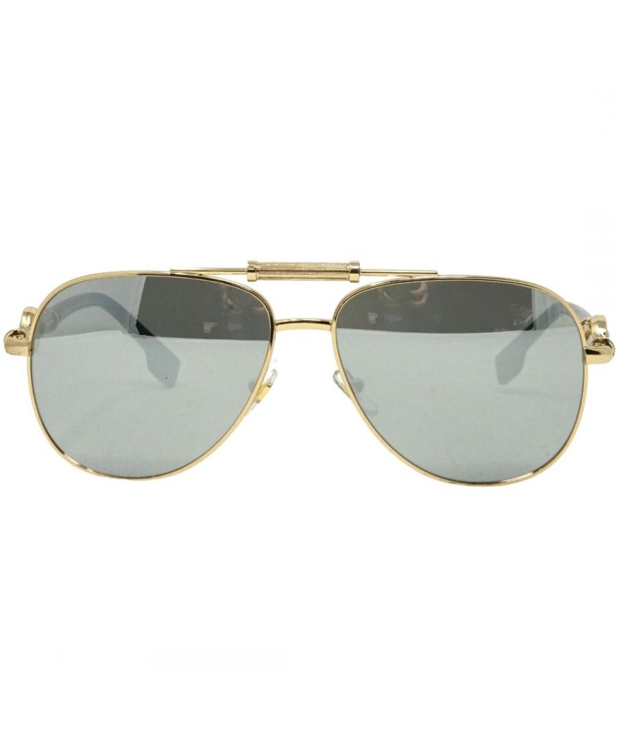 Versace Aviator Unisex Pale Gold Light Grey Mirror Silver VE2236 12526G  Sunglasses are a modern aviator style with tubular design details to the top brow bar and temples with the Medusa head Versace icon also prominently displayed to great effect.