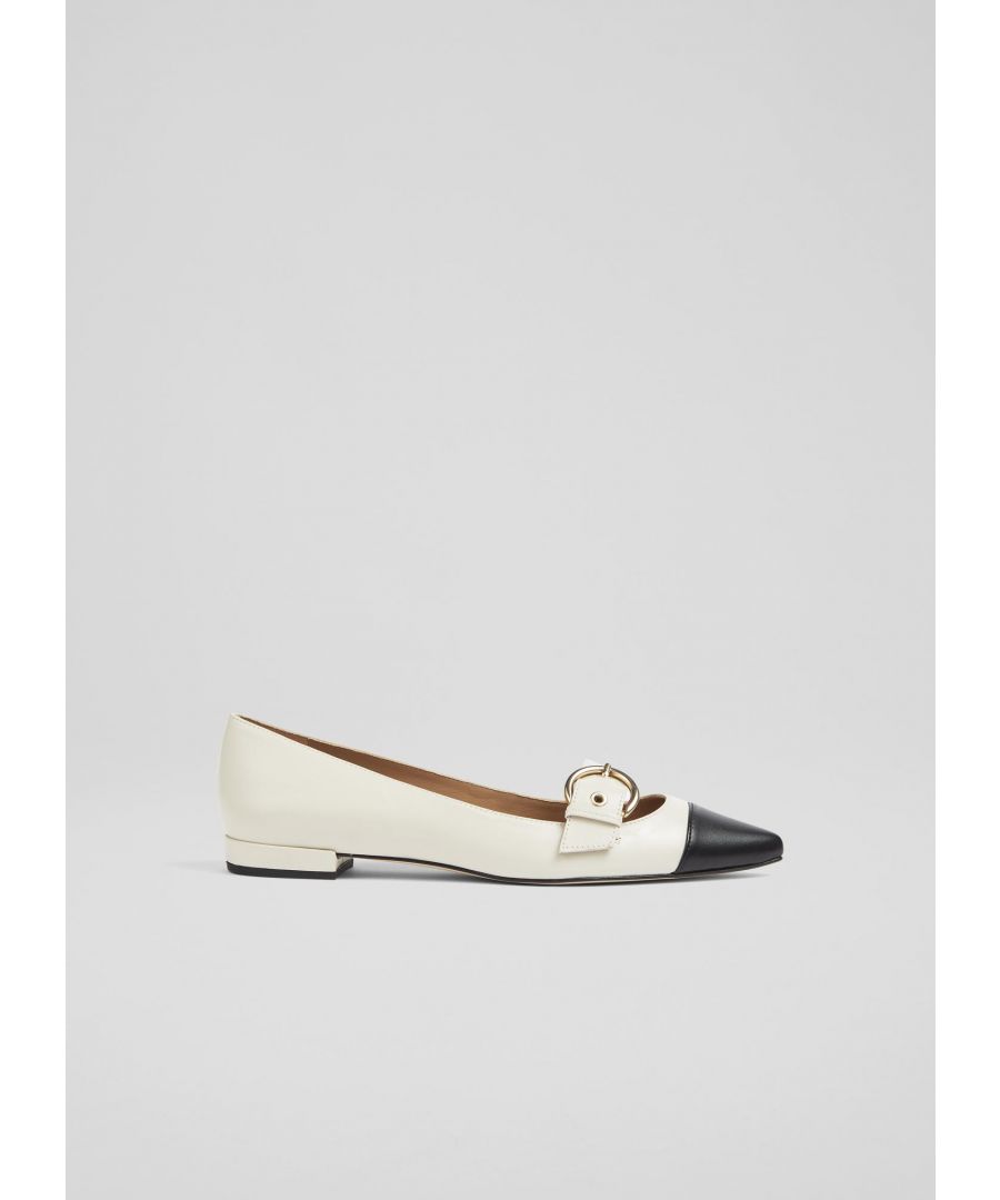Elevating the classic flat, our Milly pointed pumps are perfect for taking you between the seasons. Crafted in Spain from beautiful cream nappa leather, they have a pointed toe with black leather toe cap detail, gold statement buckles and  flat heels. Effortless and elegant, wear them with dresses or tailored trousers as a smarter alternative to trainers.
