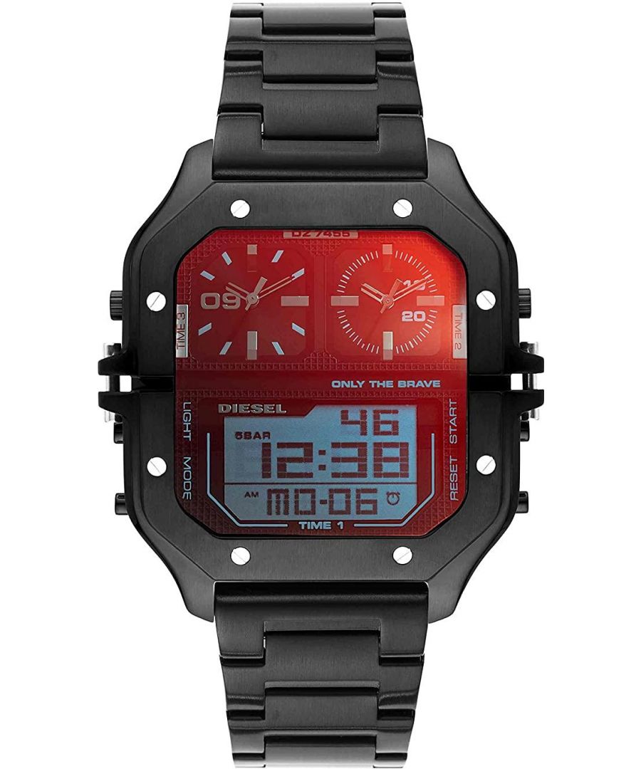 This Diesel Clasher Analogue-Digital Watch for Men is the perfect timepiece to wear or to gift. It's Black  Square case combined with the comfortable Black Stainless steel watch band will ensure you enjoy this stunning timepiece without any compromise. Operated by a high quality Quartz movement and water resistant to 3 bars, your watch will keep ticking. This sporty and trendy watch is a perfect gift for New Year, birthday,valentine's day and so on -The watch has a calendar function: Day-Date, Stop Watch, Dual Time, Light High quality 21 cm length and 28 mm width Black Stainless steel strap with a Fold over with push button clasp Case measurement: 51x51 mm,case thickness: 17 mm, case colour: Black and dial colour: Black