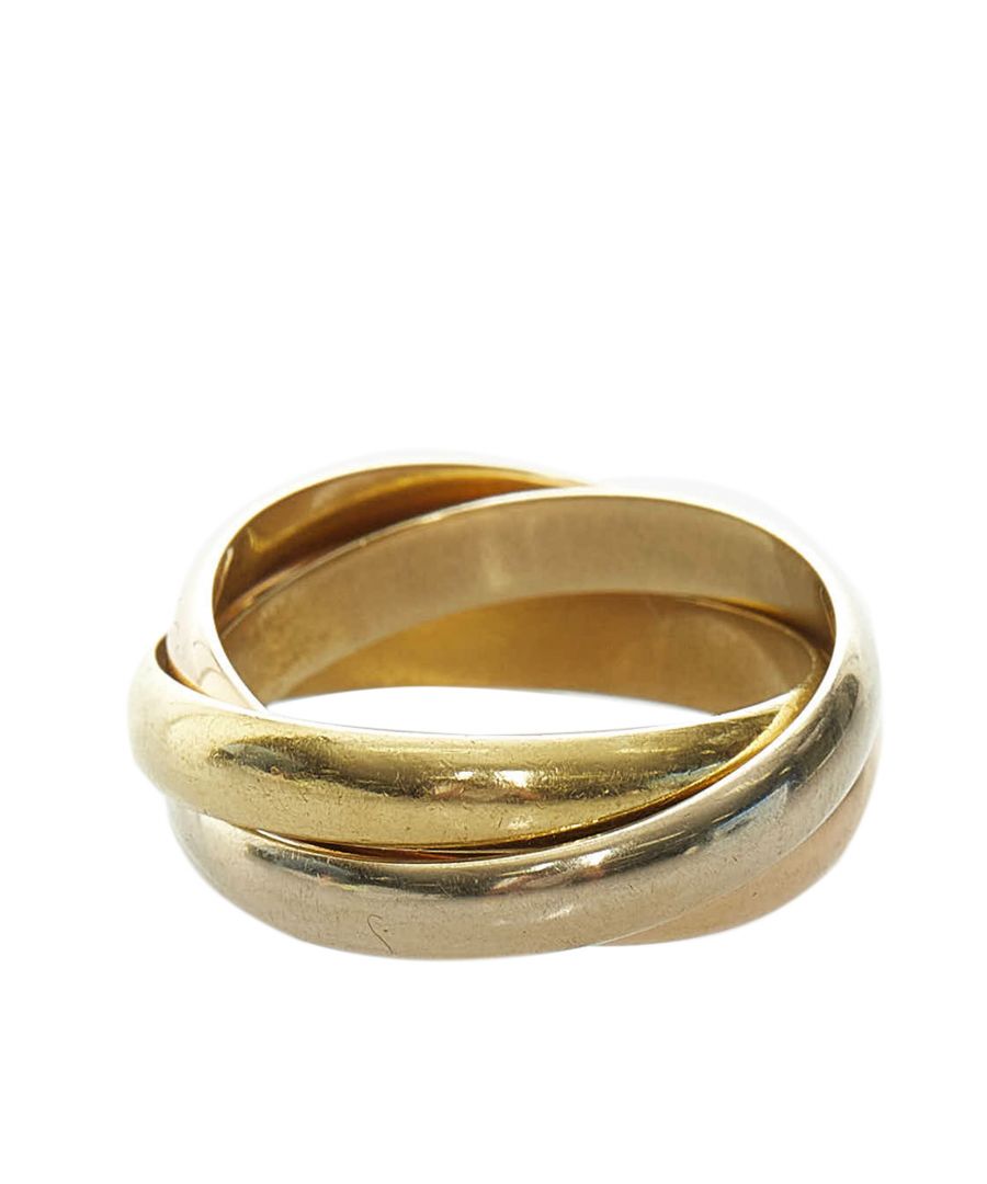 VINTAGE. RRP AS NEW. The Trinity ring features tri-tone gold hardware. Weight about 5.0 g.Exterior back is scratched. Exterior front is scratched.\n\nDimensions:\nWidth 3.53cm\nRing Size 55\n\nOriginal Accessories: Box, Authenticity Card\n\nColor: Gold x Silver\nMaterial: Metal x 18K Yellow Gold x Metal x 18K White Gold\nCountry of Origin: France\nBoutique Reference: SSU161438K1342\n\n\nProduct Rating: GoodCondition\n\nCertificate of Authenticity is available upon request with no extra fee required. Please contact our customer service team.