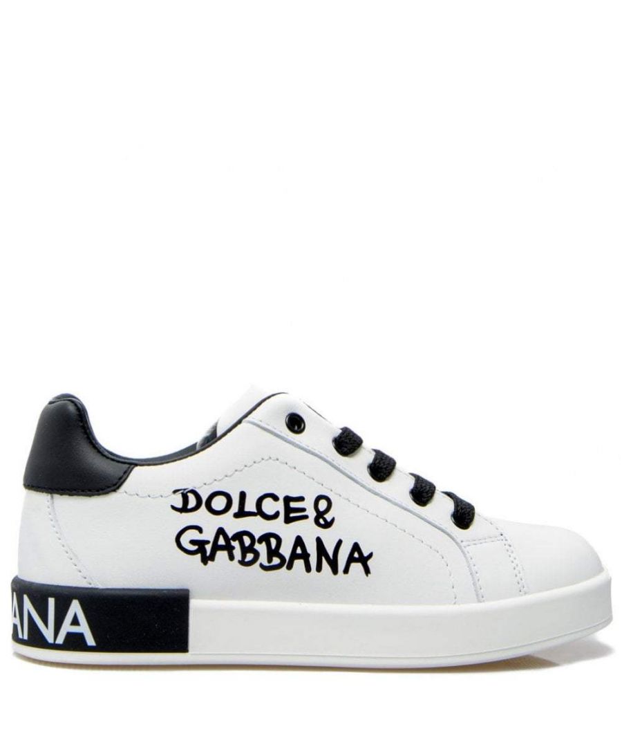 This White Low Lace from Dolce & Gabbana is made of leather. Features a round toe, lace-up top closure, black accents, label logo along the sides and padded insoles.