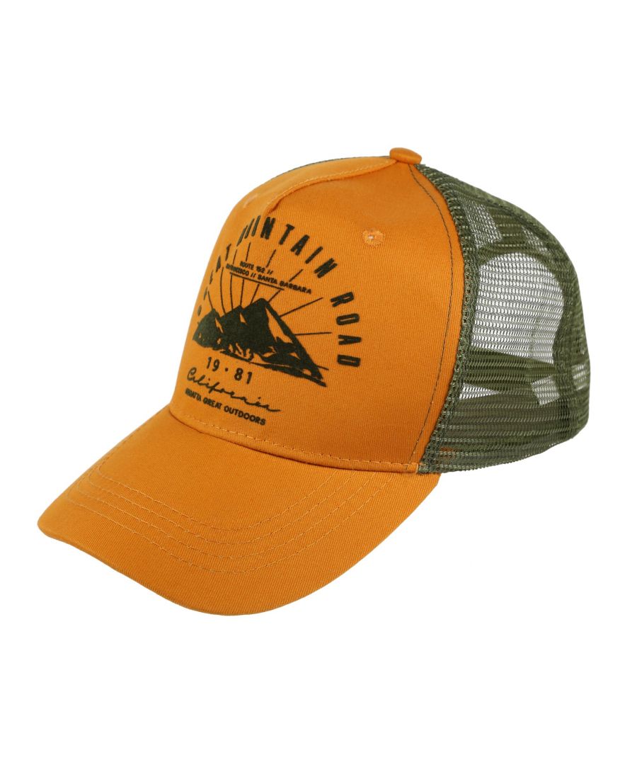 Fabric: Coolweave, Twill. Material: Cotton Canvas, Polyester. Design: Logo, Mountain, Text. 5 Panel Design, Button at Top, Curved Brim, Embroidered Eyelets, Mesh Backing. Fabric Technology: Breathable, Lightweight. Fastening: Adjustable Straps.