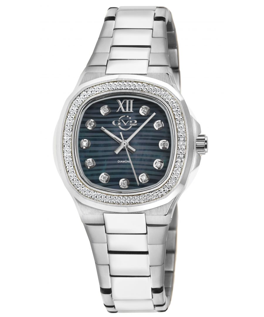 – meaning strong, powerful, solid – is a collection not for the faint of heart. With an allure that radiates the kind of power only a true lady can handle, Potente exudes undeniable strength and a divinely feminine touch.\nDesigned to capture the eye and command any room, the Potente Collection features an elegant mother of pearl pin cushioned textured dial surrounded by 18 brilliant diamonds, because out of great pressure\ncomes unmistakable beauty. The pin cushioned case and diamond cut bezel, each crafted with exemplary care, perfectly offset the classic bracelet with deployment buckle marrying ladylike and steel. With the\ndynamism and stability of Swiss quartz movement, this watch is a tour de force.\nThe Potente Lady Collection is an unwavering masterpiece to behold. Don’t settle for anything less. Get noticed, be bold – Potente.\nGV2 18200B Women's Potente Lady Swiss Diamond Watch\nGV2 Women's Swiss Watch from the Potente Lady Collection\n33mm 316L Stainless Steel Pin Cushioned Case, Diamond cut Bezel\nBlack MOP Pin Cushioned textured dial with 18 Diamonds\nPush/Pull Crown\n316L Stainless Steel Bracelet with Deployment Buckle\nAnti-reflective Sapphire Crystal\nWater Resistant to 50 Meters/5ATM\nSwiss Quartz Movement Ronda 763