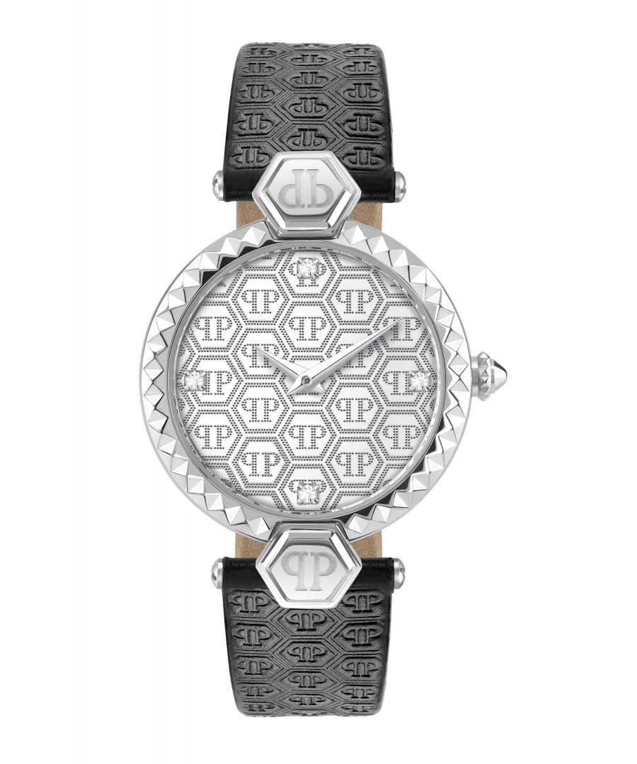 This Philipp Plein Plein Couture Analogue Watch for Women is the perfect timepiece to wear or to gift. It's Silver 32 mm Round case combined with the comfortable Black Leather watch band will ensure you enjoy this stunning timepiece without any compromise. Operated by a high quality Quartz movement and water resistant to 3 bars, your watch will keep ticking. This watch has a cleverly executed hexagonal texture on the dial and continues in the design of the timepiece, making it one with the skin. The watch is extremely feminine, and sensual. High quality 19 cm length and 16 mm width Black Leather strap with a Buckle Case diameter: 32 mm,case thickness: 8 mm, case colour: Silver and dial colour: Silver