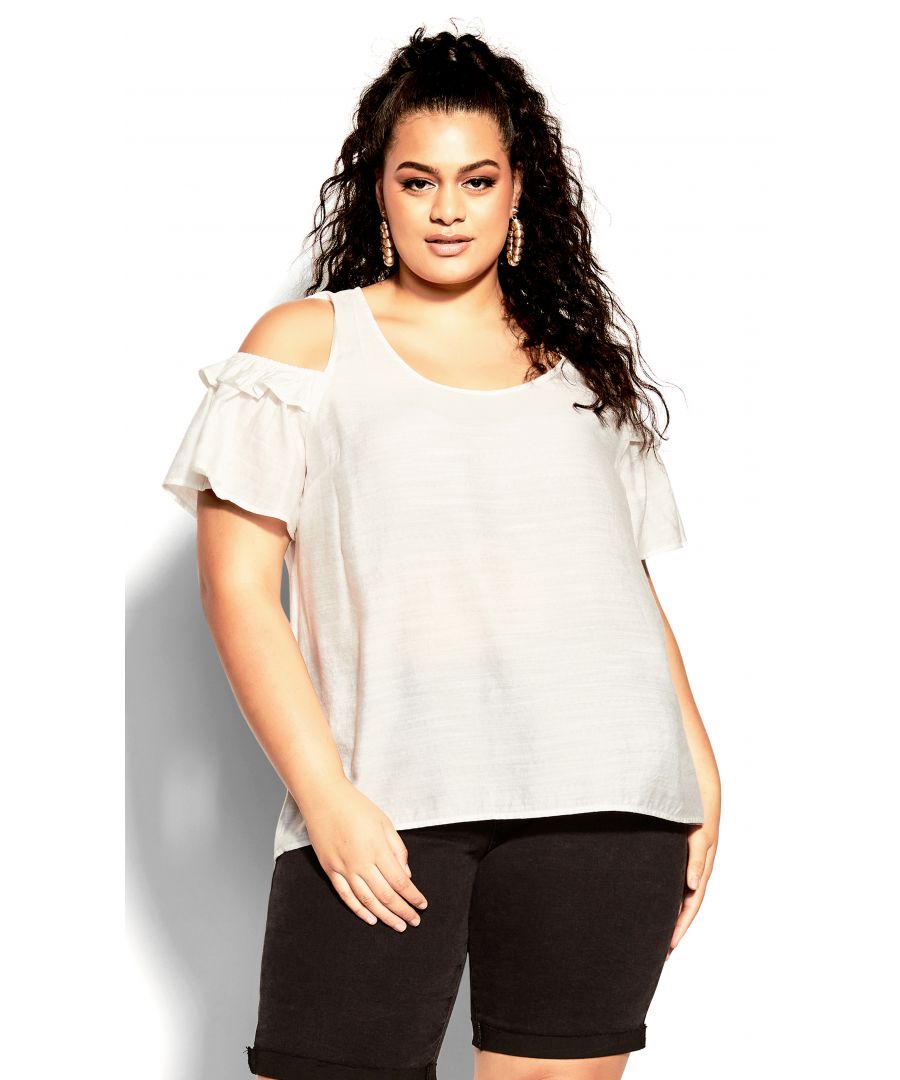 Light and breezy, drift through the days in the chic style of the ivory Frilled Top. Sweet cold shoulder details show off a hint off skin, the relaxed fit keeping you comfortable. Key Features Include: - Round neckline - Cold shoulder design with elasticated short sleeve coverage - Relaxed fit - Unlined - Pull over style - Hip length