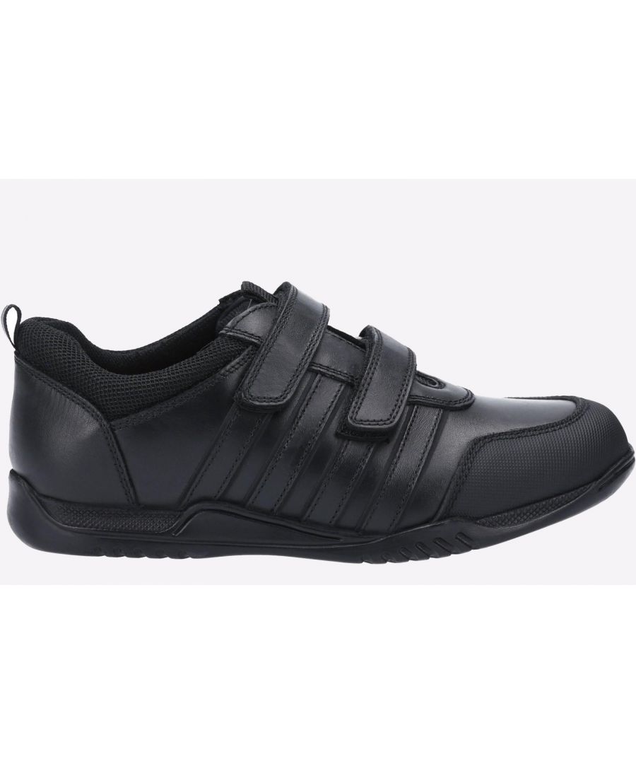 Josh is built with a durable TPR outsole and Micro fresh lining enable the wearer to feel comfortable all day\nFit Left Fit Right - Unique fitting system allows for 5 different width fittings for each individual foot. Every pair of shoes comes with 3 pairs of footbeds\n- Hush Puppies boy's Touch Fastening school shoe\n- Easy to put on and remove with twin straps\n- Tongue and heel alignment loop for easy fitting\n- Comfortable mesh padded collar\n- Leather upper with stylish overlays
