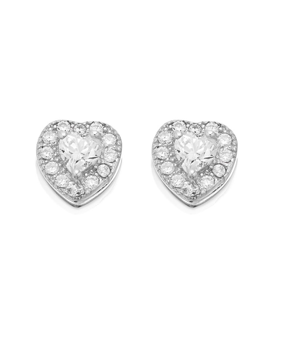 Cute and very pretty 6mm heart-shaped sterling silver earrings, with a larger heart-shaped cubic zirconia in a three claw setting at the centre, encircled by lots more within a beaded setting. Metal Type: Silver Gem Type 1: Zirconia