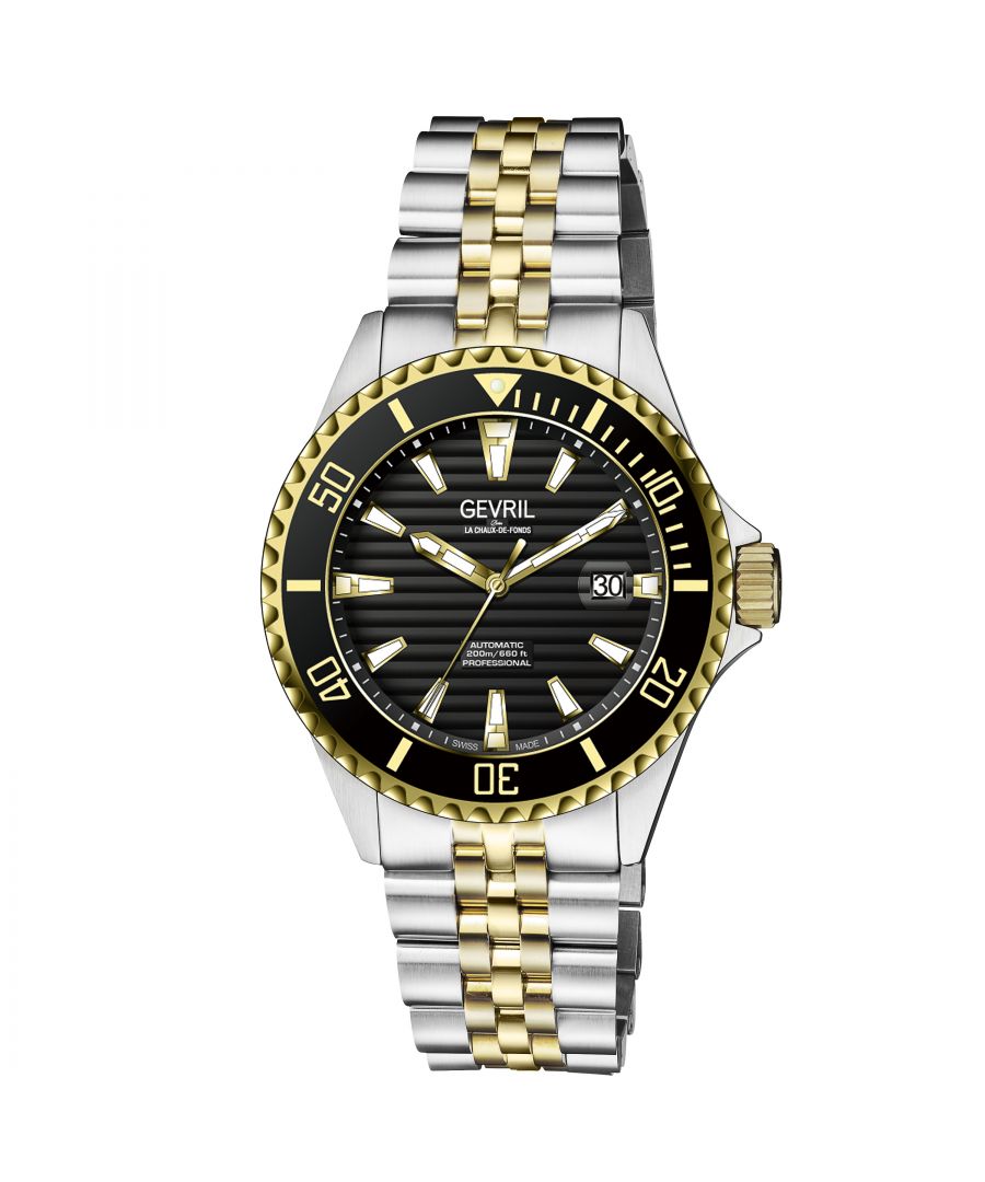 Gevril 42602 Men's Chambers Swiss Automatic Watch\n\nGevril Men's Chambers Swiss Automatic Watch\n42mm 316L Stainless Steel Case with Black/Gold Ceramic Bezel\nBlack Dial, Date Magnifier, Screw Down Crown\nTwo-toned SS IPYG Bracelet with Deployment Buckle\nAnti-reflective Sapphire Crystal\nWater Resistant to 200 Meters/20 ATM\nSwiss Made Automatic, Sellita SW200 Movement