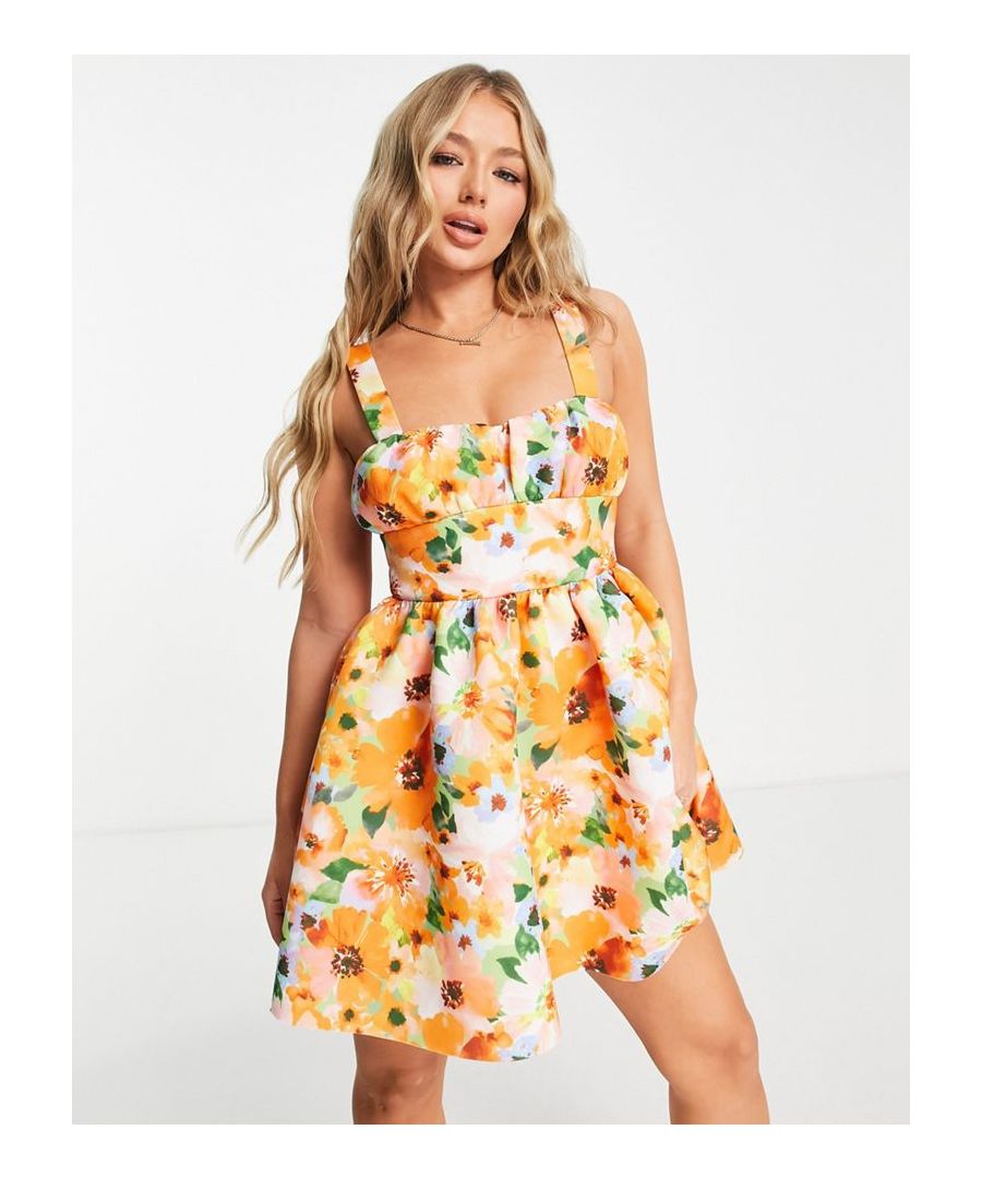 Mini dress by ASOS DESIGN Love at first scroll Floral design Square neck Cut-out panels Zip-back fastening Regular fit Sold by Asos
