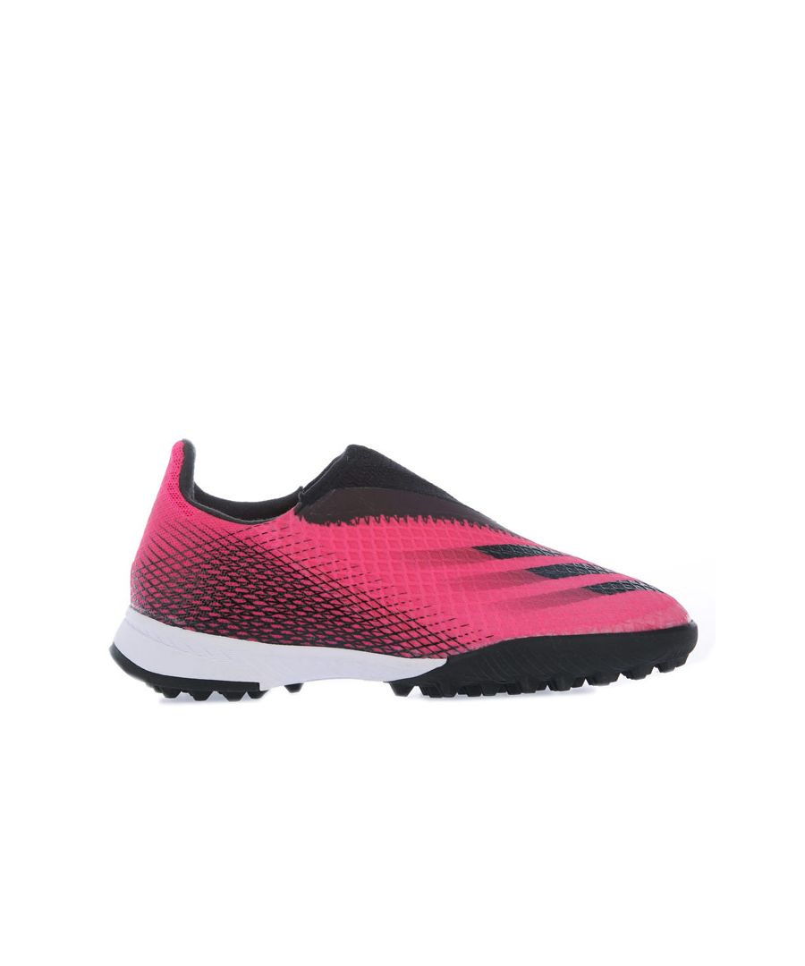 Junior adidas X Ghosted.3 Laceless Turf Boots in pink.- Textile upper.- Laceless construction.- 3 stripe detail to side.- Rubber outsole for artificial turf. - Textile and synthetic lining  Synthetic sole.- Ref.: FY7293J