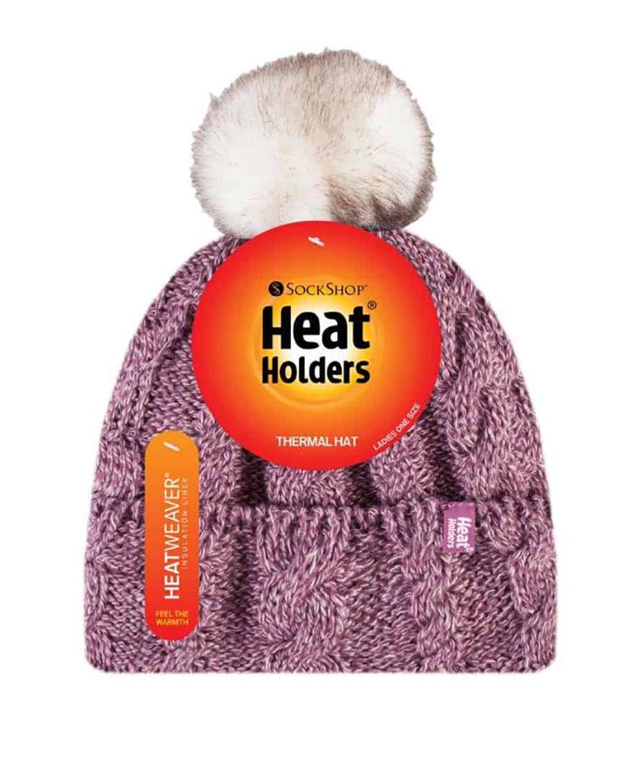 Heat Holders Womens - Ladies Knit Fleece Lined Thermal Bobble Hat with Pom Pom - Rose - One Size