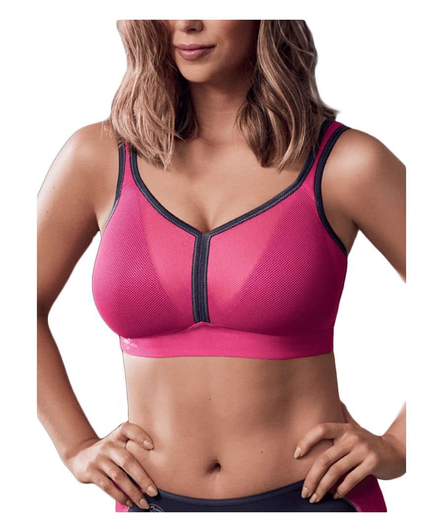 Anita Active Sports Bra, This one-of-a-kind sports bra includes the patented 'DeltaPad' design by Anita, which is a concealing foam cup that ensures good air circulation and support- perfect for whilst you are exercising. Lightweight semi-transparent mesh also keeps your skin cool, and the contrasting trim detail adds a fashionable touch to this practical and stylish sports bra. Finished with adjustable straps and a hook and eye closure.