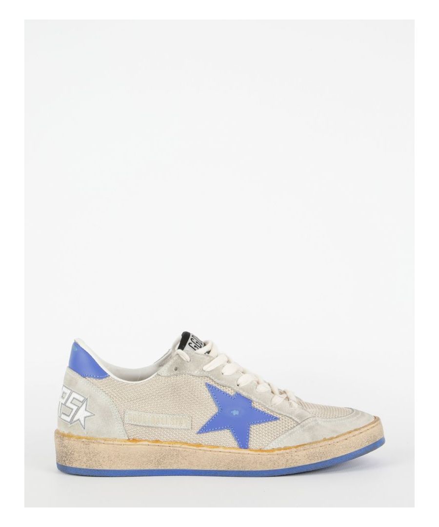 Vintage-effect Ball Star sneakers characterized by a beige canvas upper with grey suede details. They feature blue leather side star and heel, lace-up closure, Sneakers lettering embossed on the back and rubber sole.