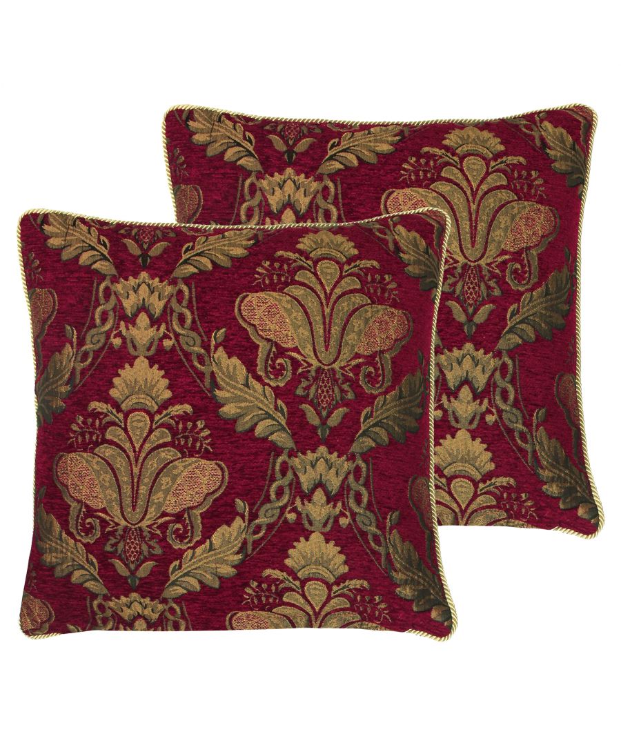 The Shiraz range is the height of opulence. Each piece has an embroidered damask pattern in delicate gold, presented on burgundy red, chenille-style fabric. The Shiraz cushions have a delicate twist piped edging in gold with a reversible design. The hidden zip closure ensures no attention is taken from the beautifully embroidered fabric. Although these lavish cushions are made of 100% hard-wearing polyester they will need extra care when cleaning and are therefore dry clean only.