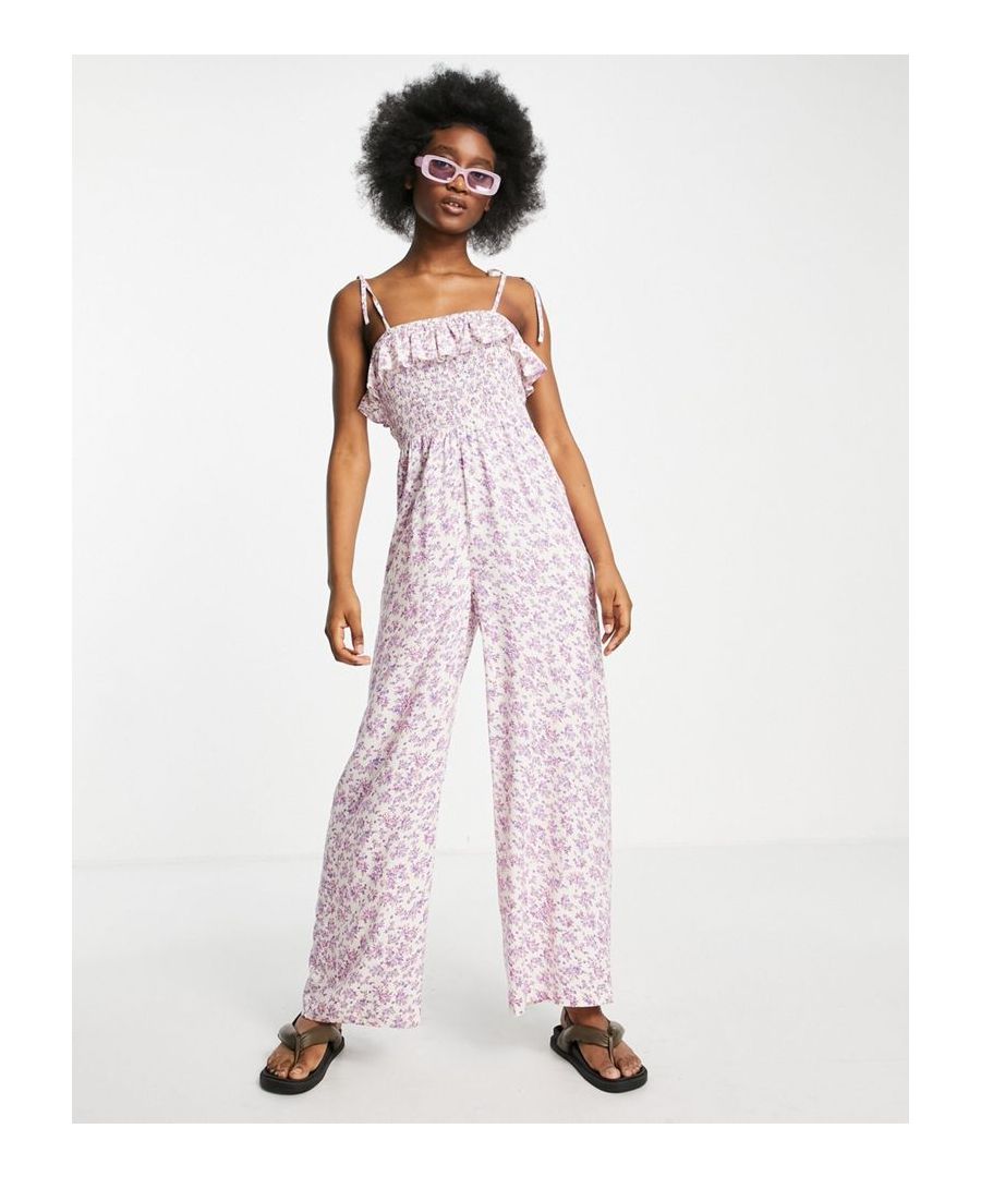 Jumpsuit by Miss Selfridge Floral print Square neck Tie straps Shirred, stretch bodice Frill detail Regular fit  Sold By: Asos
