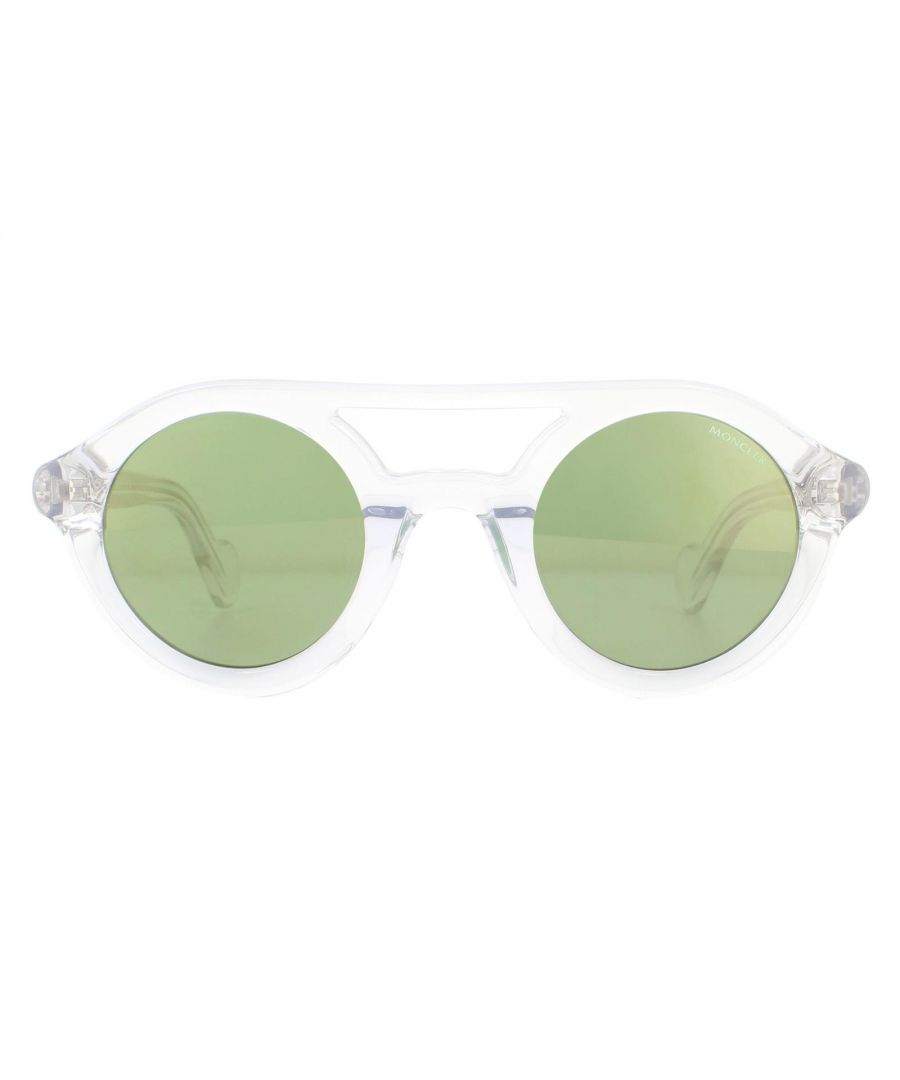 Moncler Sunglasses ML0014 27Q Crystal Green Mirror are a statement pair with perfectly round lenses encased in a thick acetate frame and a bold double bridge. The Moncler logo embellishes the temples.