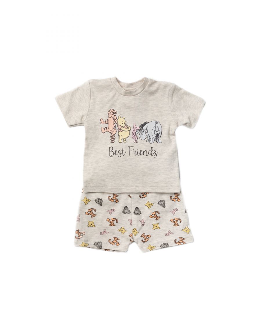 This adorable Winnie the Pooh two-piece set features a neutral colour scheme, with classic Winnie the Pooh and friends cartoon print. The set includes a short-sleeved t-shirt featuring Winnie, Tigger, Piglet, and Eeyore, and the lettering ‘best friends’ and a pair of matching shorts with all over print. Each item in the set is cotton with popper fastenings, keeping your little one comfortable. This set is the perfect gift set for the little one in your life.