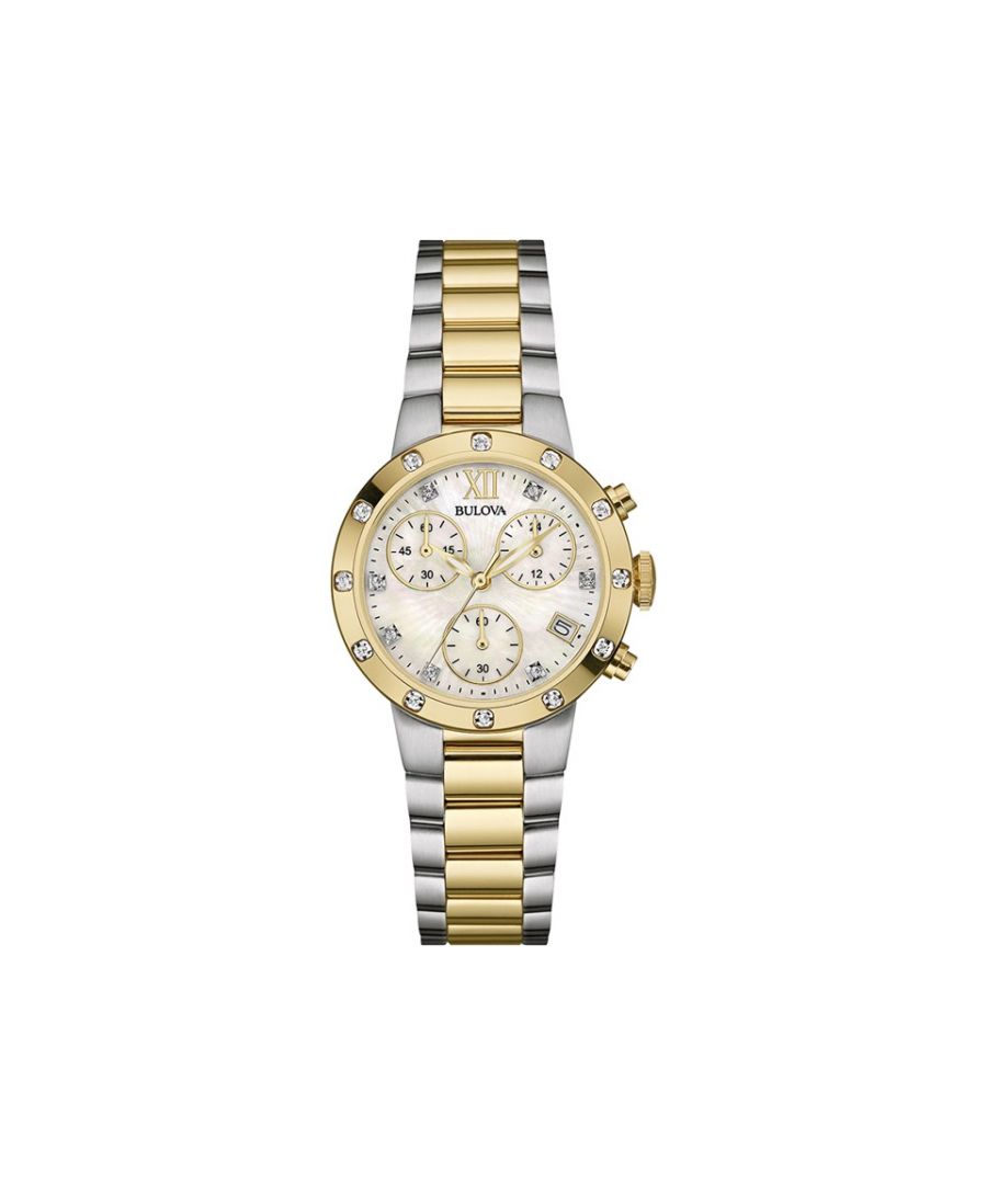 Stylish ladies two tone Bulova watch with a total of 19 diamonds set into the dial and gold plated bezel. The case measures 30mm and the bracelet features a hidden, nail friendly press clasp.