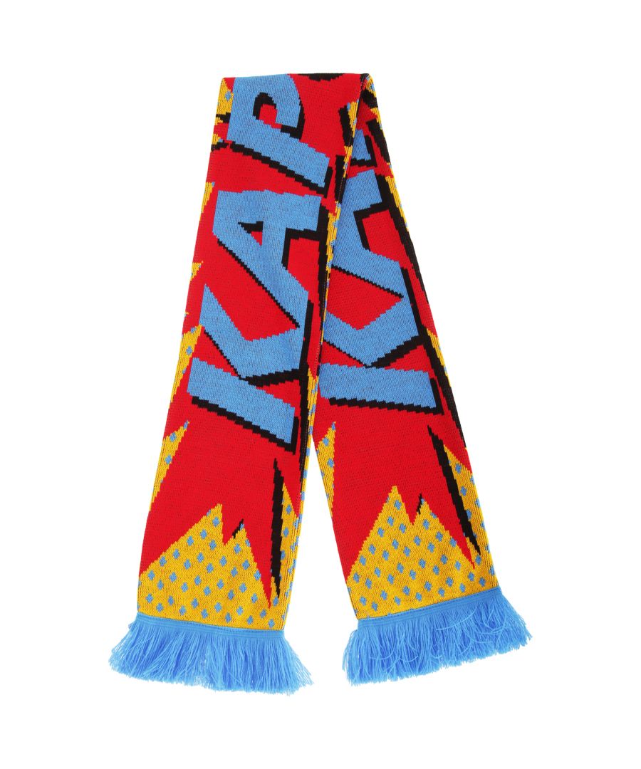 Great quality comic print knitted winter scarf with fringe. Pop art style. Choice of two variations. Size: 160cm x 20cm (approx). British made. 100% Acrylic. Machine wash at 40c.