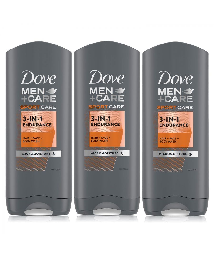Shower gels, shampoos, and conditioners take up too much space in your sports bag. Why not go all-in-one? Dove Men+Care Sports Care 3-In-1 Endurance Hair + Face + Body Wash is designed for active men looking for an all-over head and body solution. Dermatologically tested and infused with ginseng + orange peel extract, our all-in-one sports shampoo leaves skin feeling refreshed and hydrated with an invigorating scent long after you hit the showers.\n\nThis shower gel is strong enough to thoroughly cleanse your body while gentle enough to care for your face, meaning a few fewer things to pack in your sports bag! Formulated with our unique MicroMoisture technology, this 3-In-1 shower gel rehydrates your skin with a clean rinse feeling, perfect for re-energizing after a long day of sports. For long-lasting freshness from head to toe, choose Dove Men+Care Sports Care 3-In-1 Endurance Hair + Face + Body Wash. All in one. Simple, no hassle.\n\nFeatures:\nDove Men+Care Sports Care 3-In-1 Endurance Hair + Face + Body Wash effectively washes away bacteria\nThis shower gel is designed for guys who give it their all, in and out of the gym\nOur body and face wash is formulated with MicroMoisture to rehydrate skin with a clean rinse feeling\nDove Men+Care Sports Care 3-In-1 Endurance Hair + Face + Body Wash contains ginseng + orange peel extract to leave your skin\nrefreshed and hydrated\n\nHow to use: For best use, wet your body fully in the shower and rub the Dove Men+Care Shower Gel in your hands to produce a light lather foam. Work it over your skin and rinse thoroughly. Great hair care does not stop in the shower! Complete your men's grooming routine with Dove Men styling products.\n\nSafety Warning: External usage only. As we are always looking to improve our products, our formulations change occasionally, so please always check the product packaging before use. Avoid contact with eyes. If contact occurs, rinse thoroughly with water.